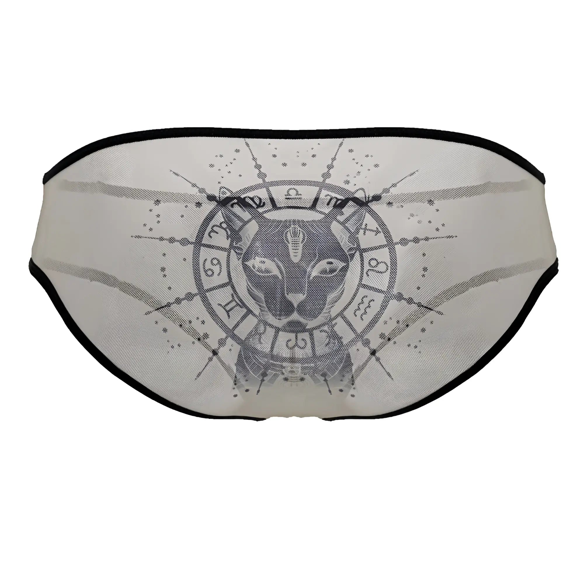 CandyMan 99871 Egyptian briefs sheer white mesh with black trim and gray egyptian cat and zodiac graphic in nude-black
