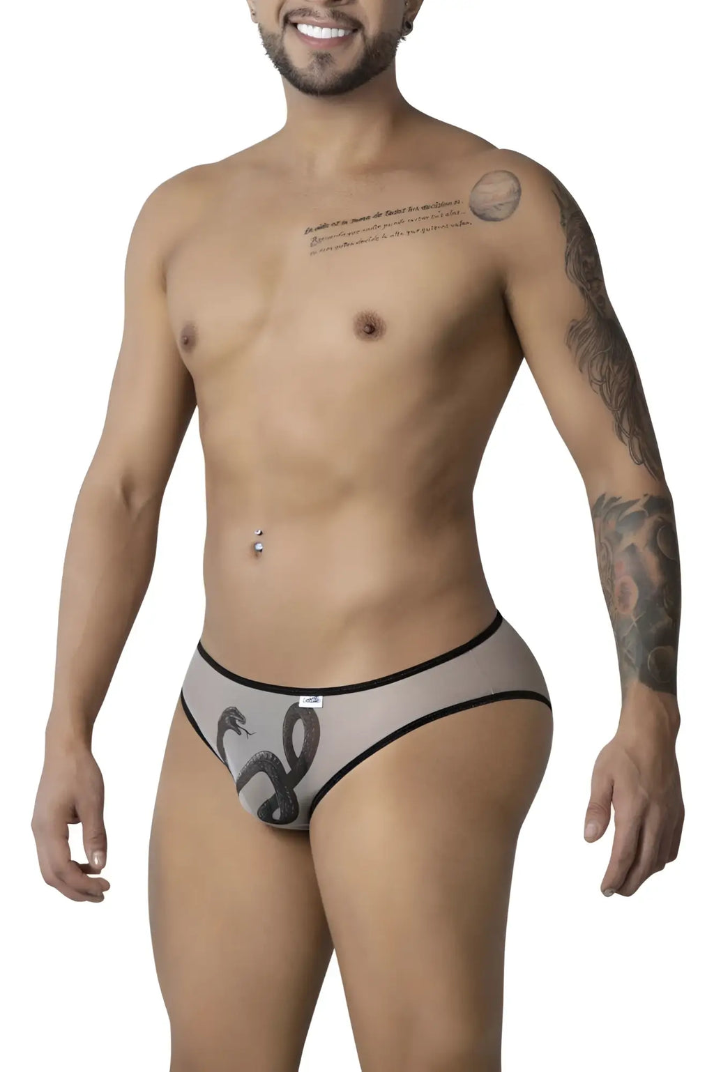 Gray mesh candyMan 99871 Egyptian briefs with black snake design and contrasting black trim in nude-black color