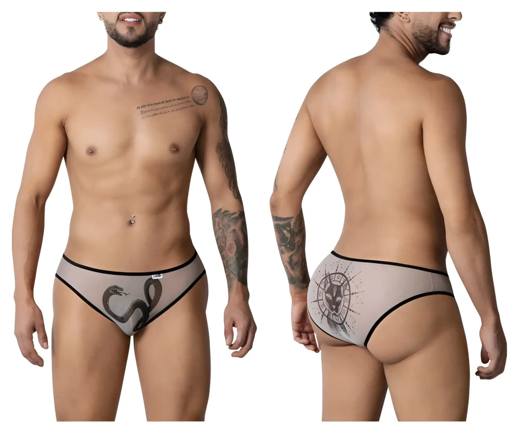 Candyman 99871 egyptian briefs in nude black mesh with snake design on front and alien motif on back side