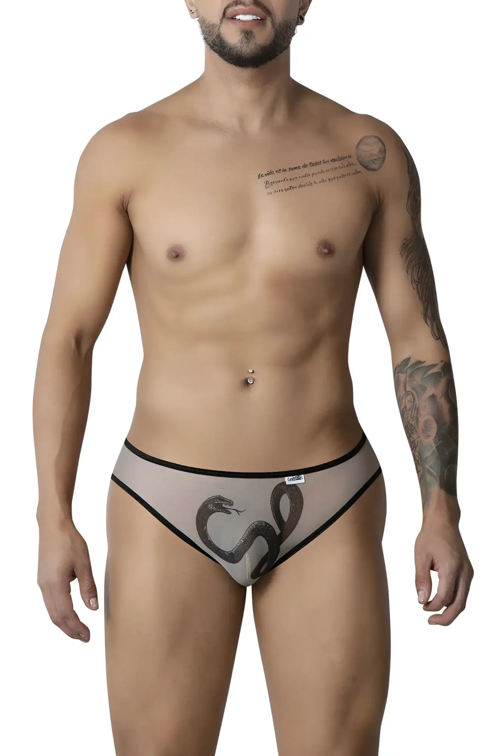 Candyman 99871 egyptian briefs in gray sheer fabric with black snake design and contrasting black trim