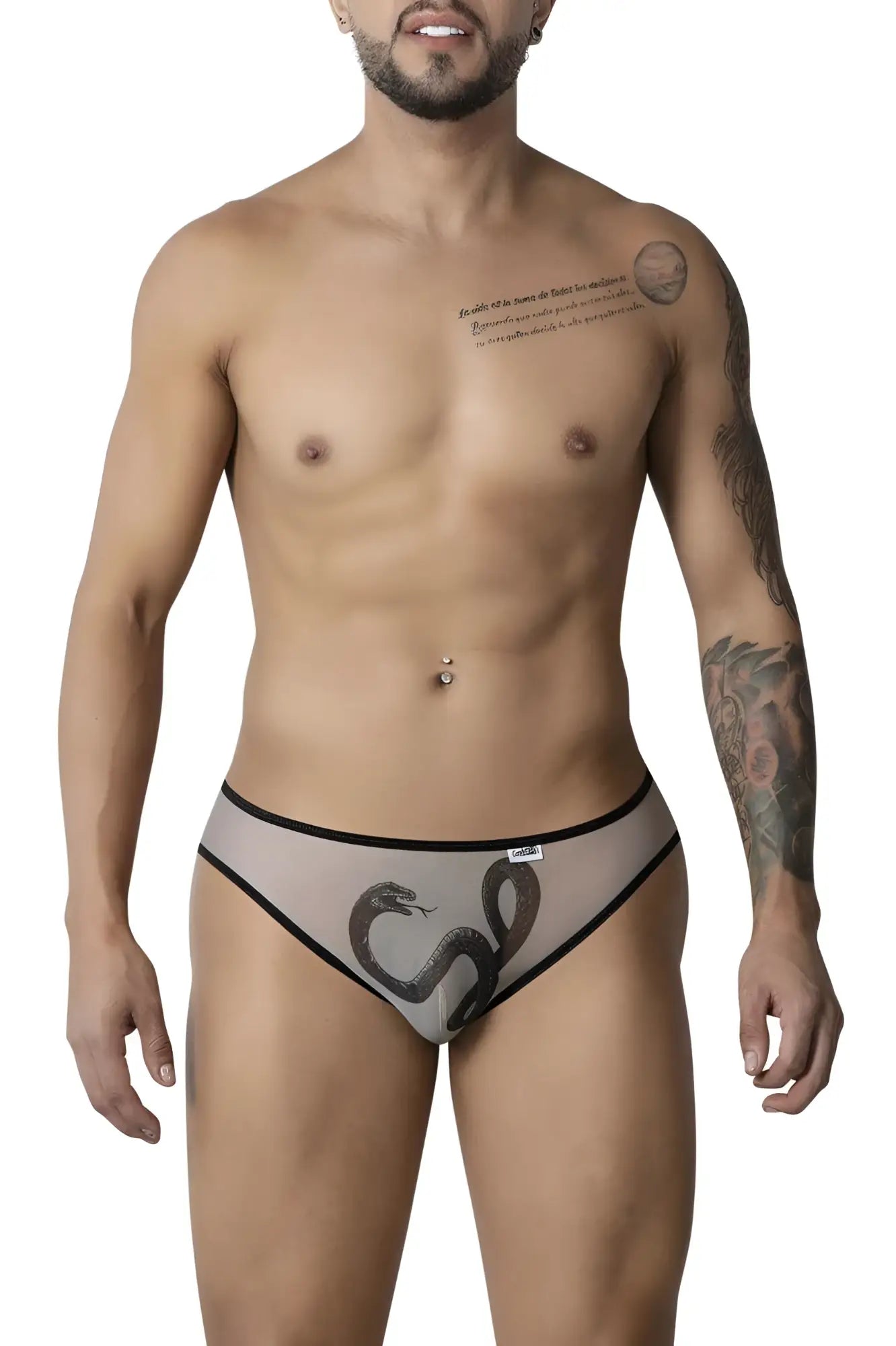 Candyman 99871 egyptian briefs in gray sheer fabric with black snake design and contrasting black trim