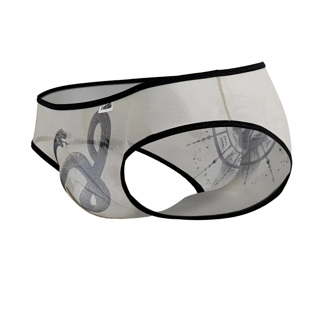 CandyMan 99871 Egyptian briefs transparent mesh with black trim and gray snake design in nude black color