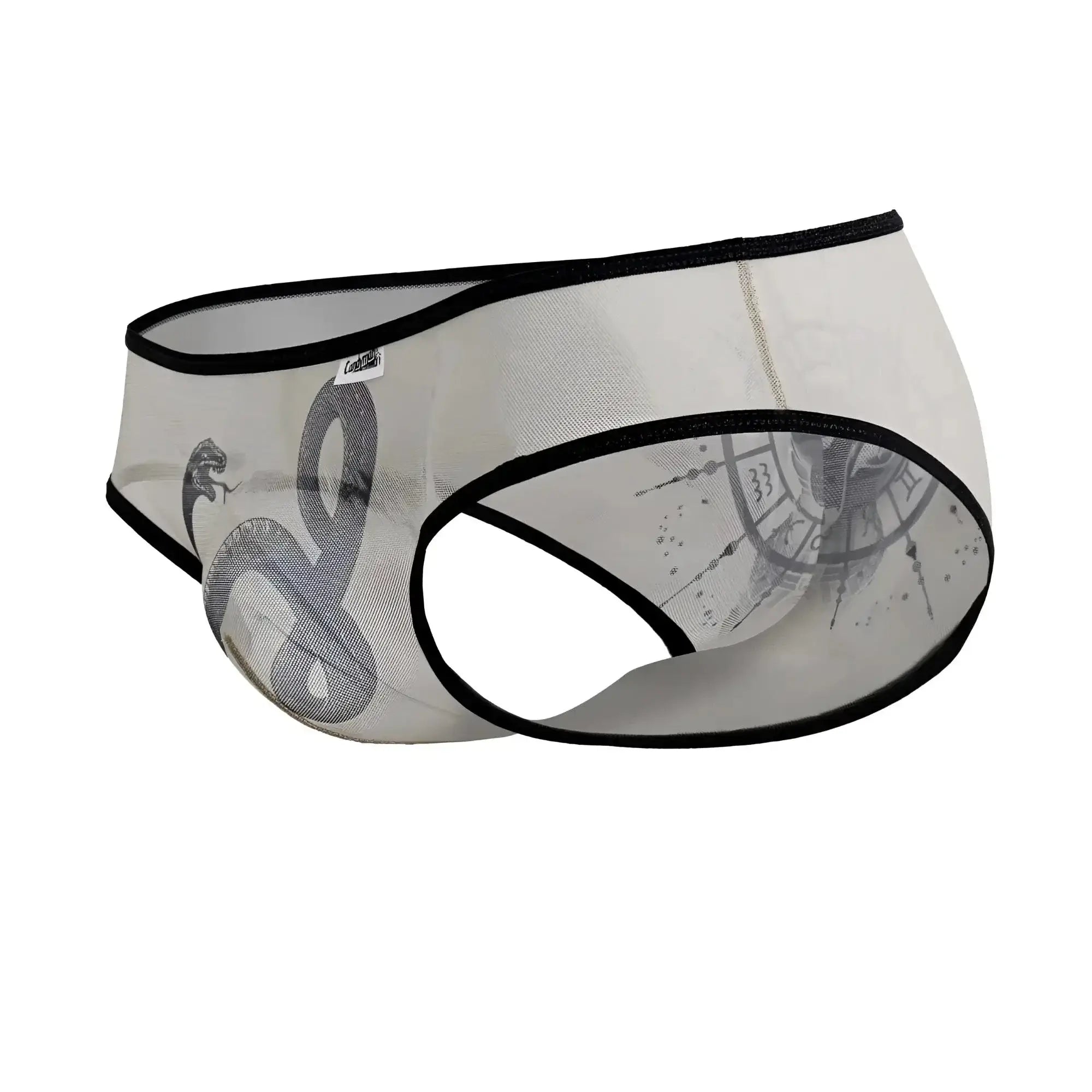 CandyMan 99871 Egyptian briefs transparent mesh with black trim and gray snake design in nude black color