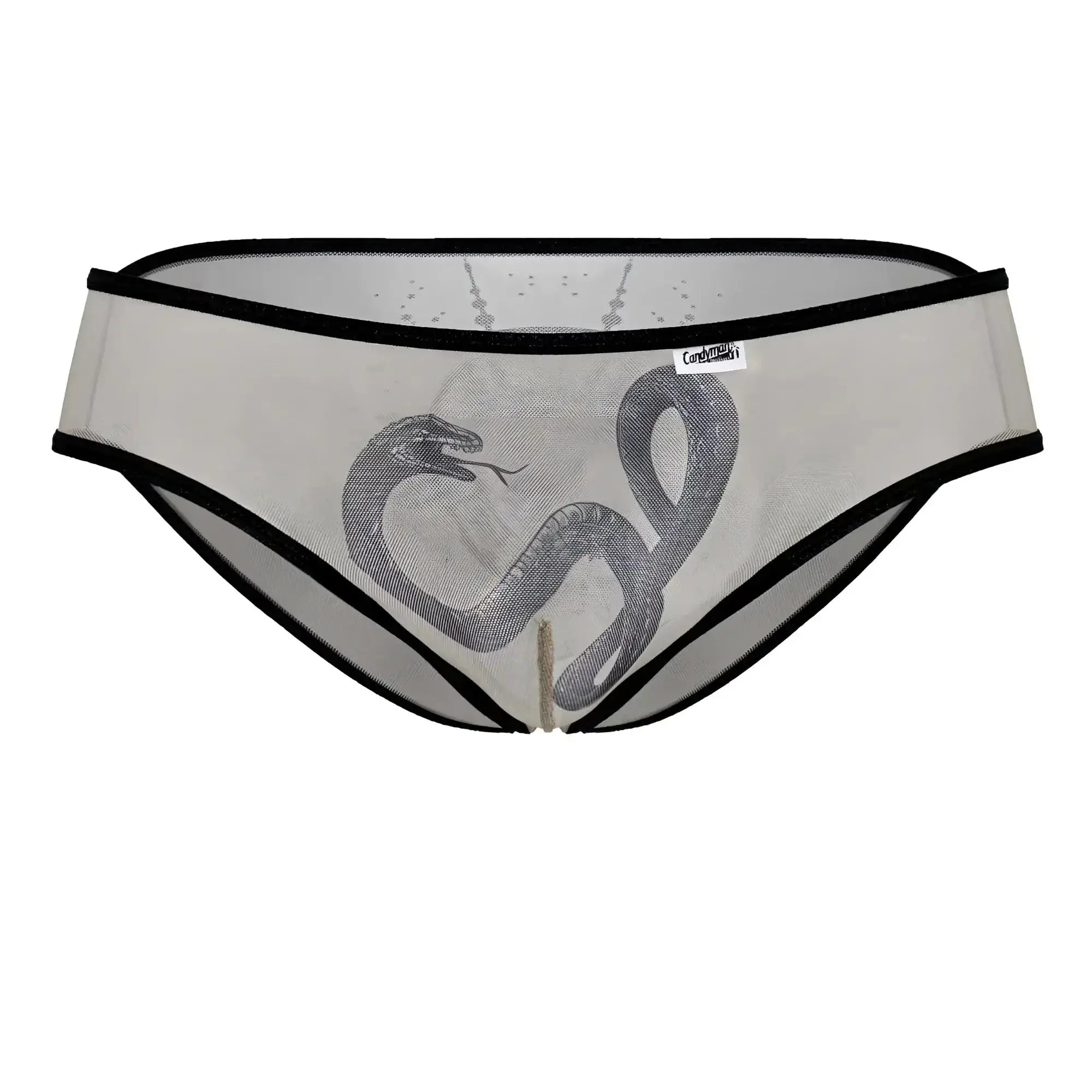 CandyMan 99871 Egyptian briefs nude black sheer mesh underwear with black trim and detailed gray snake illustration