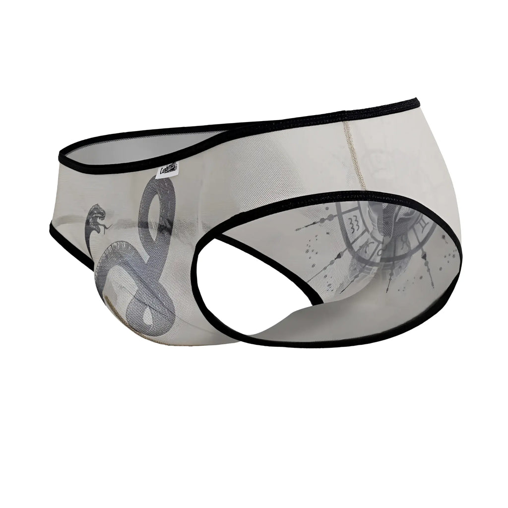CandyMan 99871 Egyptian briefs transparent mesh with black trim and gray snake design in nude black color