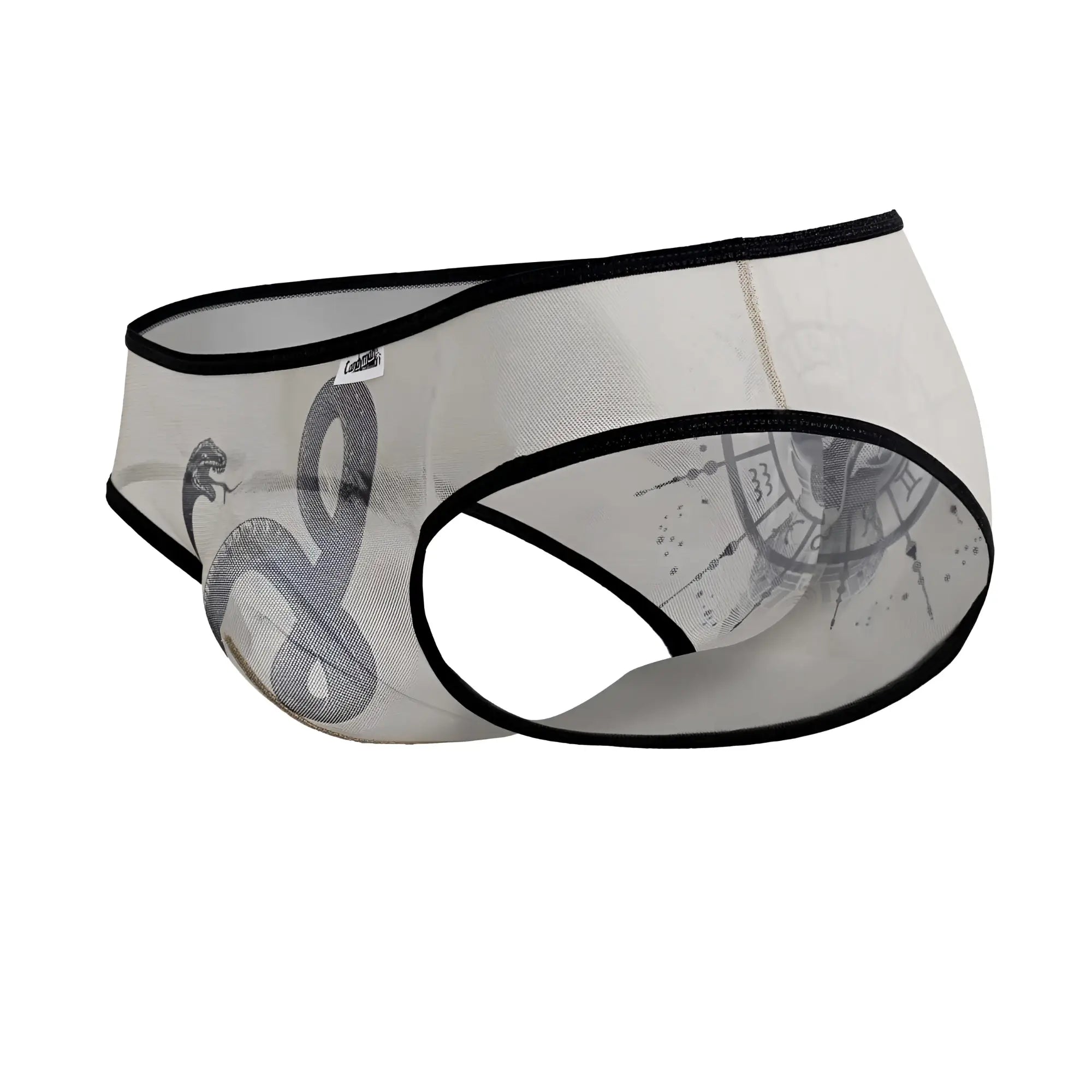 CandyMan 99871 Egyptian briefs transparent mesh with black trim and gray snake design in nude black color
