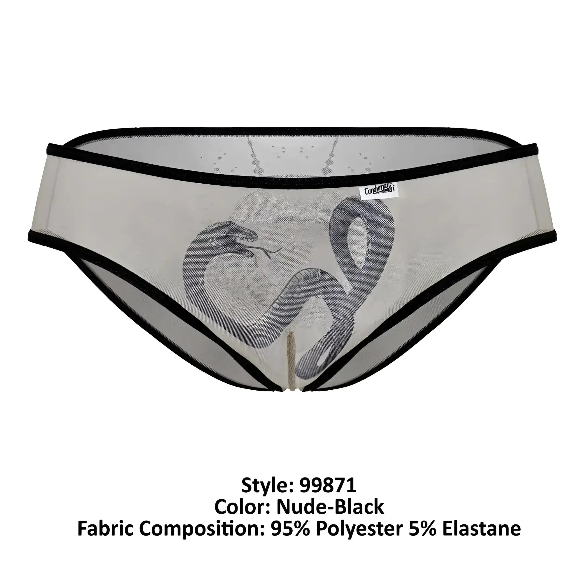 Nude-black sheer mesh candyMan 99871 Egyptian briefs with detailed black snake graphic and contrasting black trim