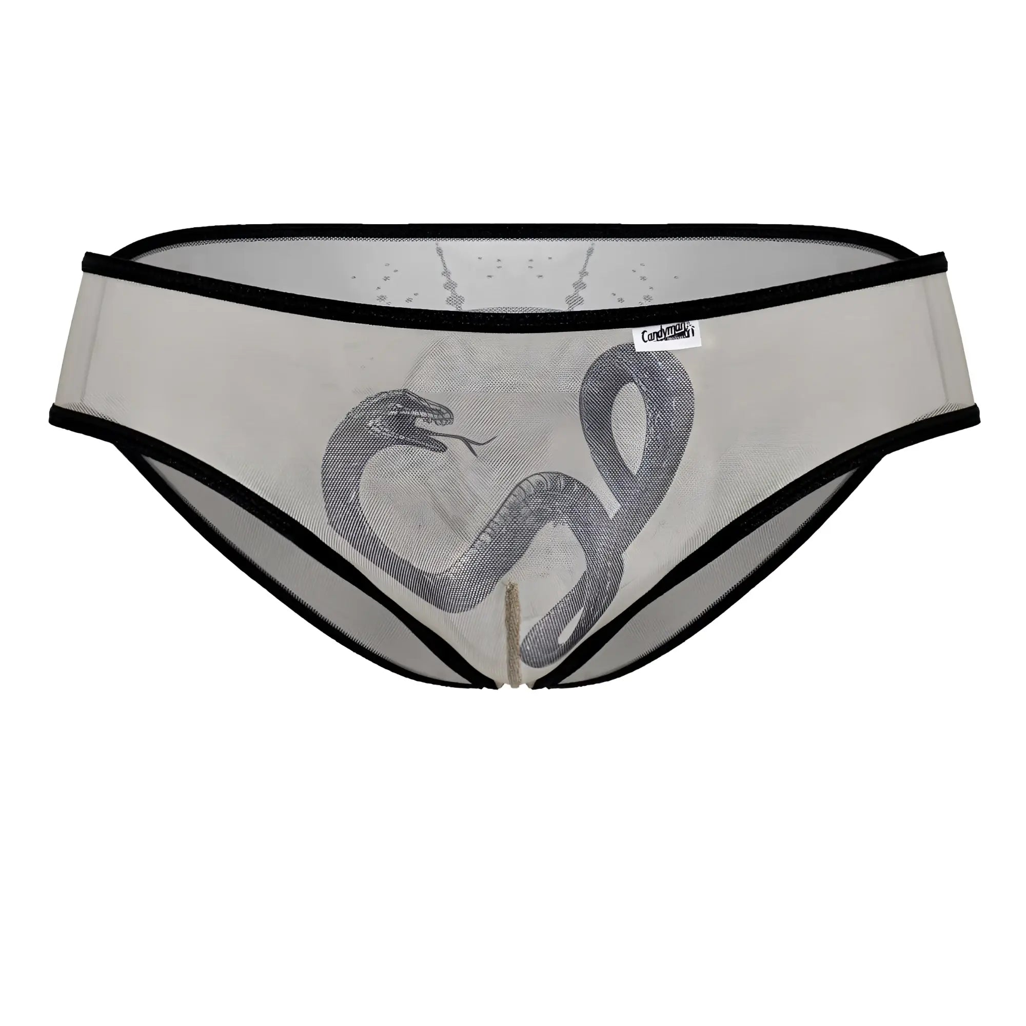 CandyMan 99871 Egyptian briefs nude black sheer mesh underwear with black trim and detailed gray snake illustration