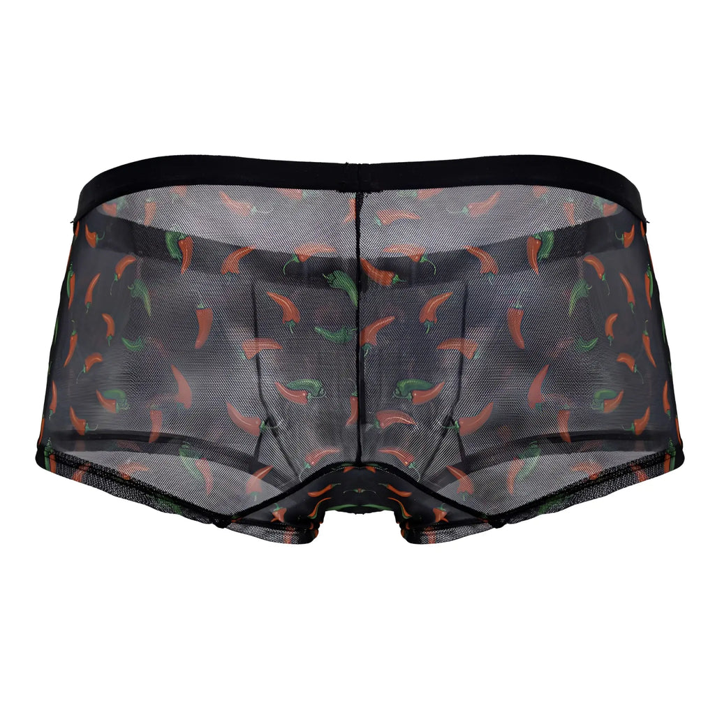 Black mesh briefs with a playful orange and green chili pepper print candyMan 99873 chili pepper trunks color black print