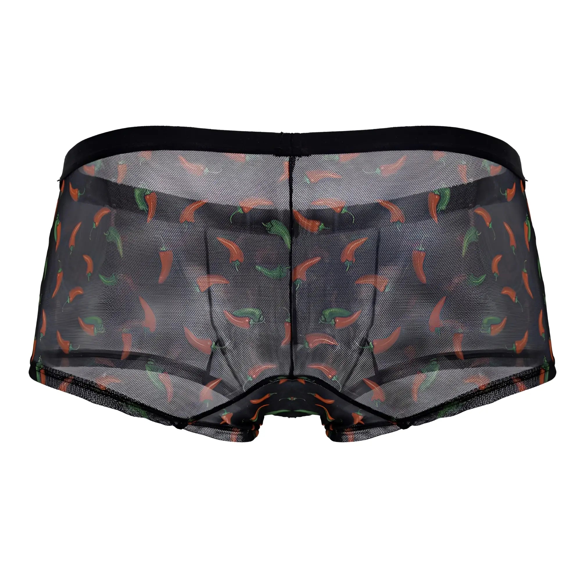 Black mesh briefs with a playful orange and green chili pepper print candyMan 99873 chili pepper trunks color black print