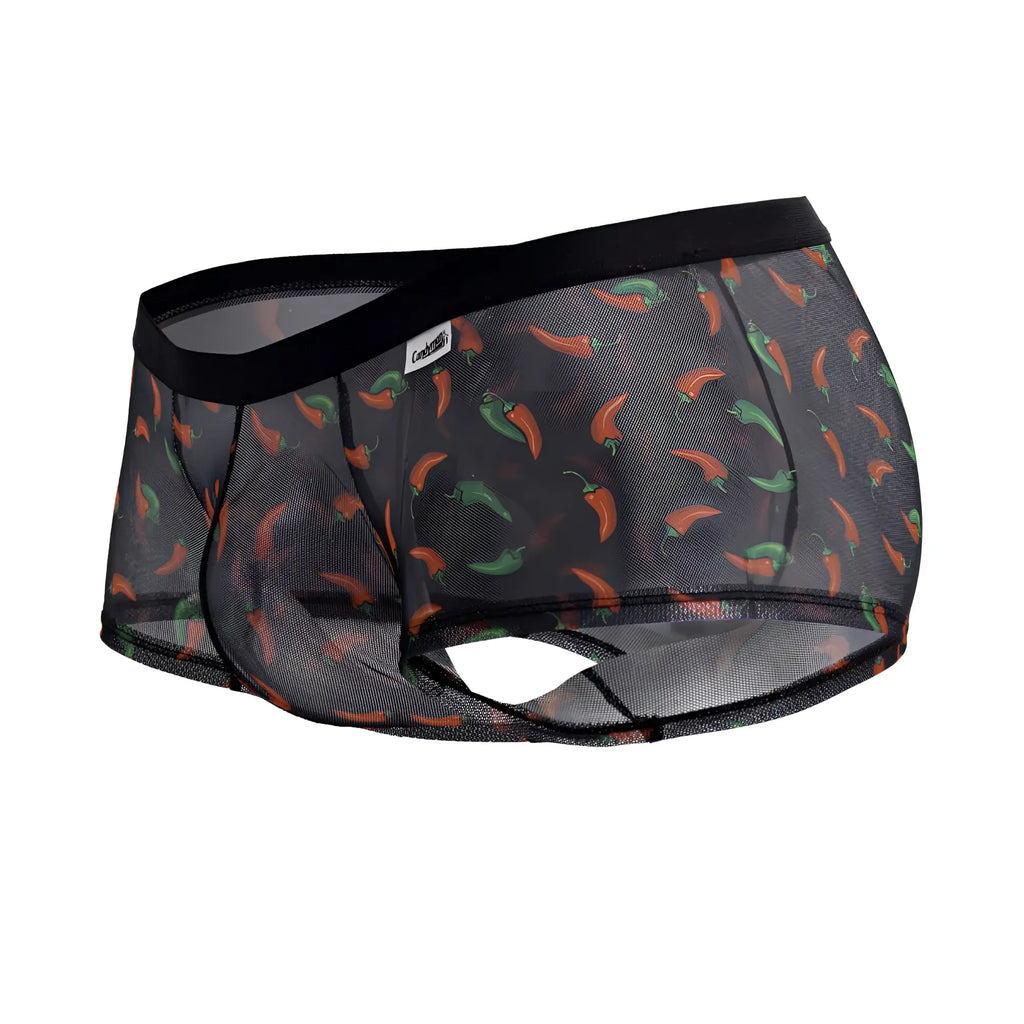 Black mesh briefs candyMan 99873 chili pepper trunks with orange and green chili pepper print in black color