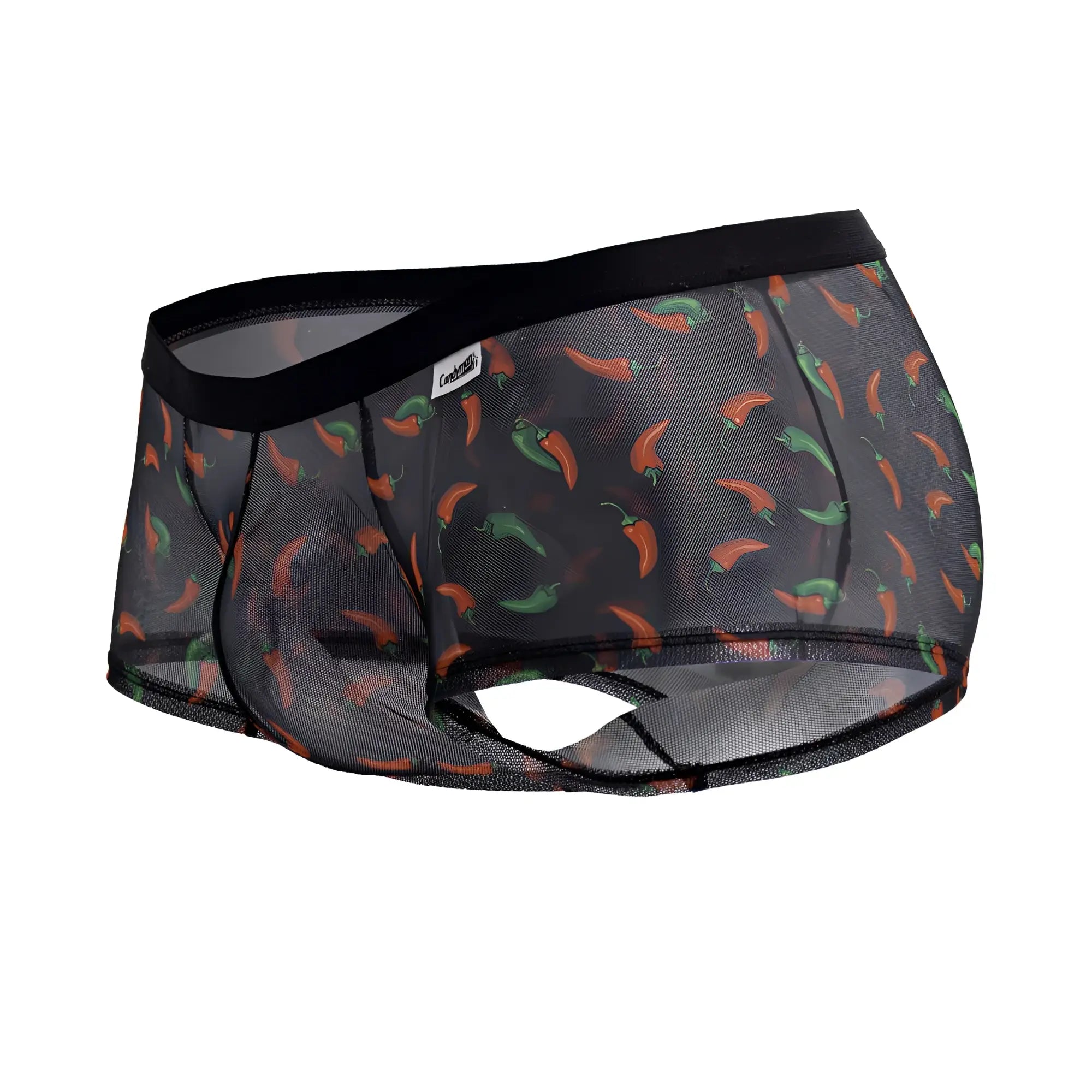 Black mesh briefs candyMan 99873 chili pepper trunks with orange and green chili pepper print in black color