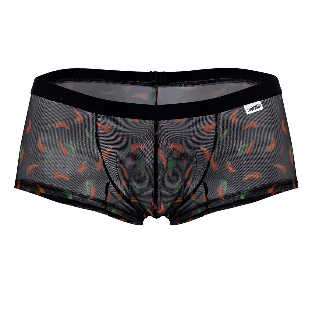 Black mesh candyMan 99873 chili pepper trunks with orange and green chili pepper print briefs
