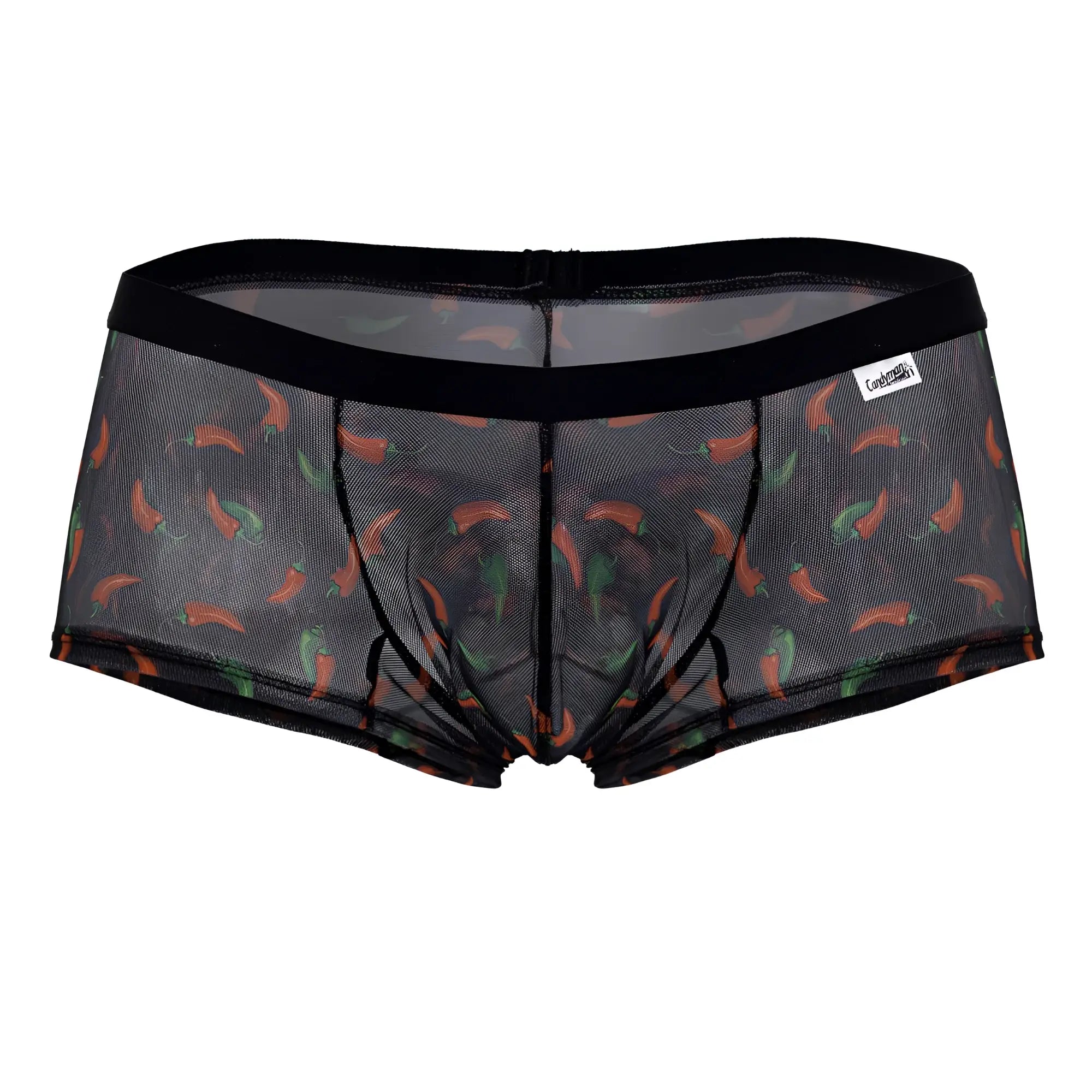Black mesh candyMan 99873 chili pepper trunks with orange and green chili pepper print briefs