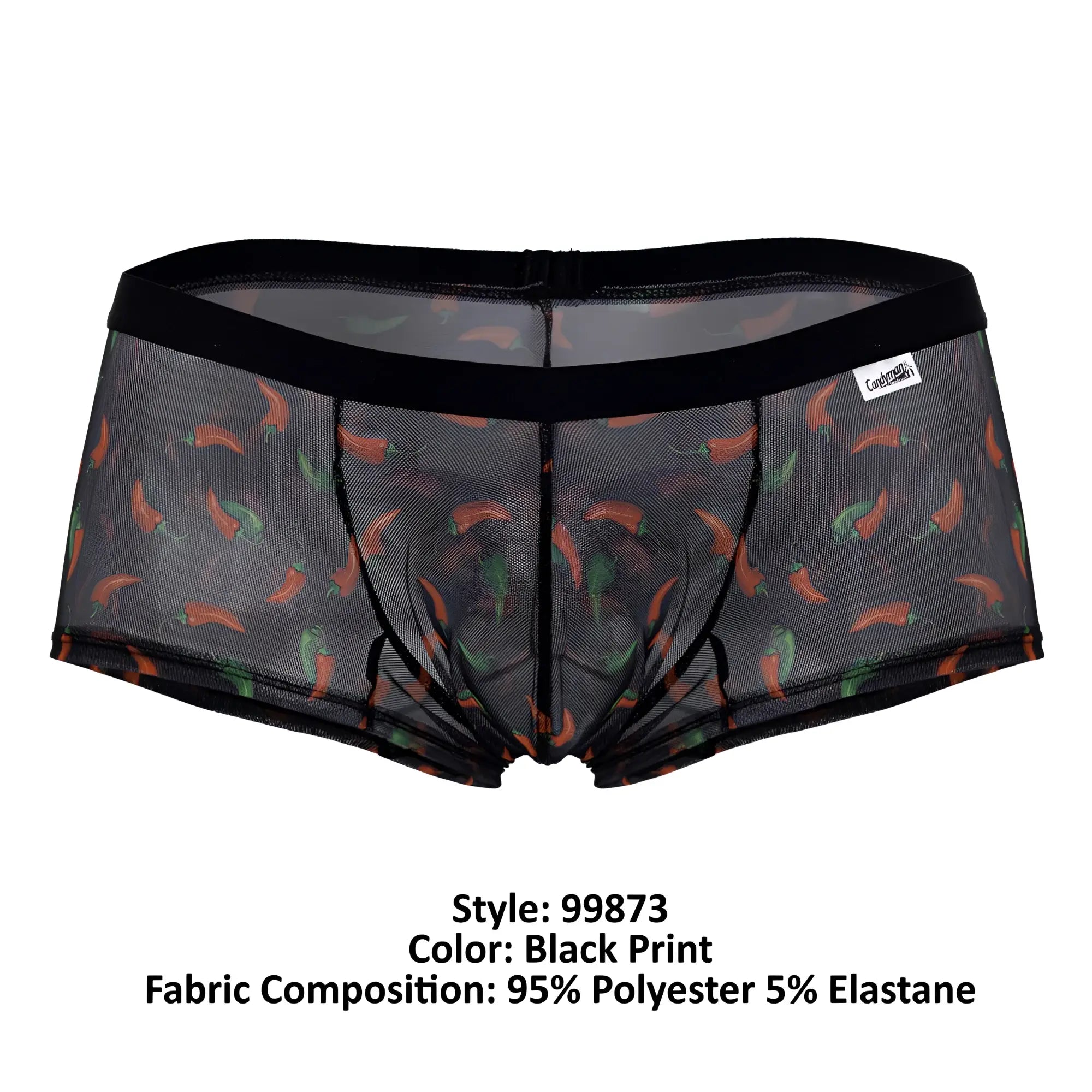 Black candyMan 99873 mesh briefs with vibrant orange and green chili pepper print