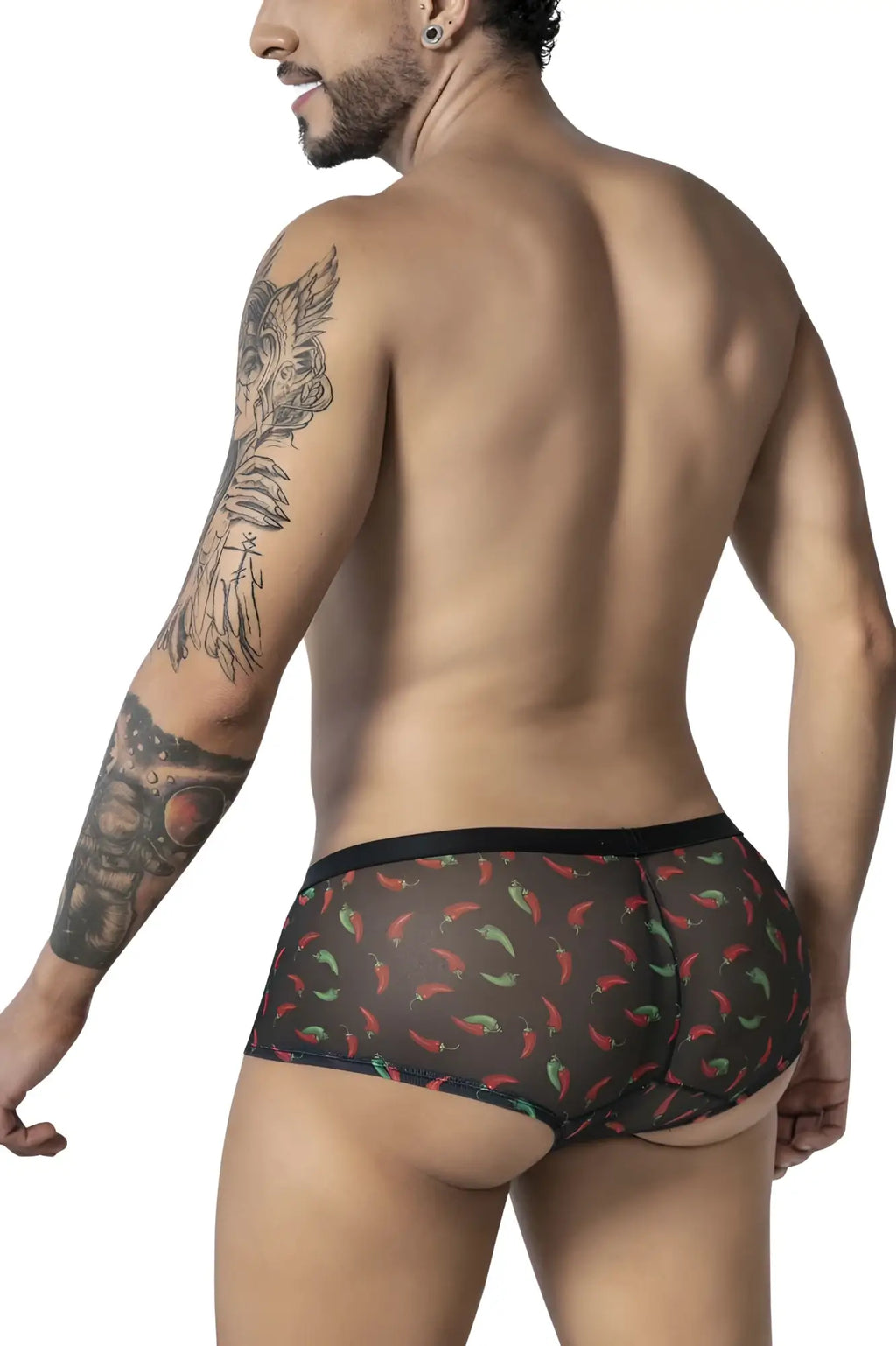 Black mesh briefs CandyMan 99873 chili pepper trunks in black with a vibrant red and green chili pepper print