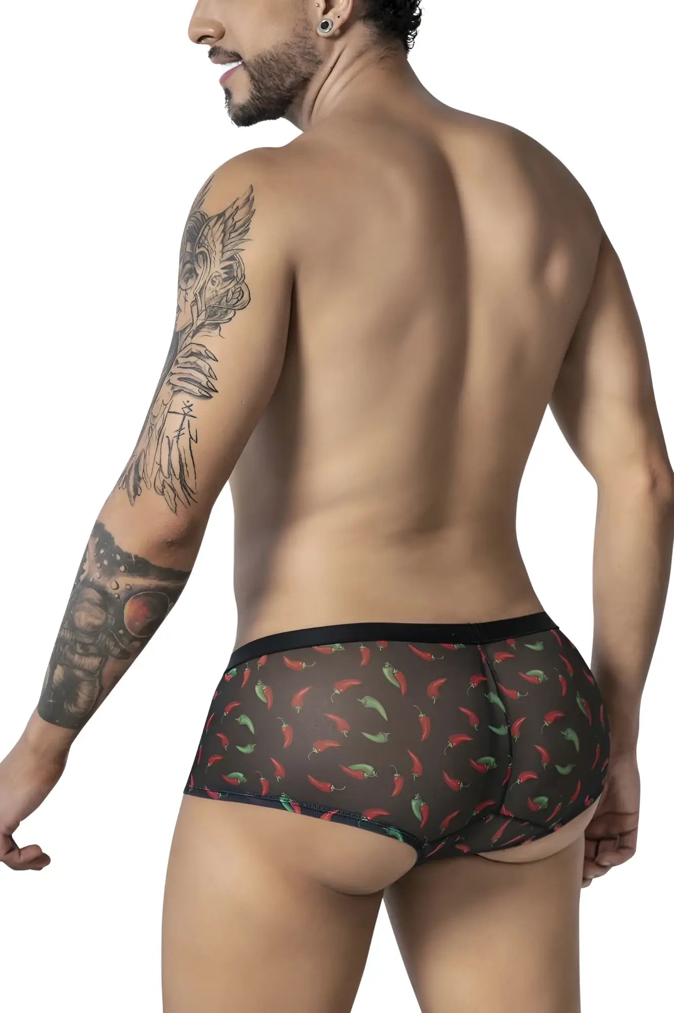 Black mesh briefs CandyMan 99873 chili pepper trunks in black with a vibrant red and green chili pepper print