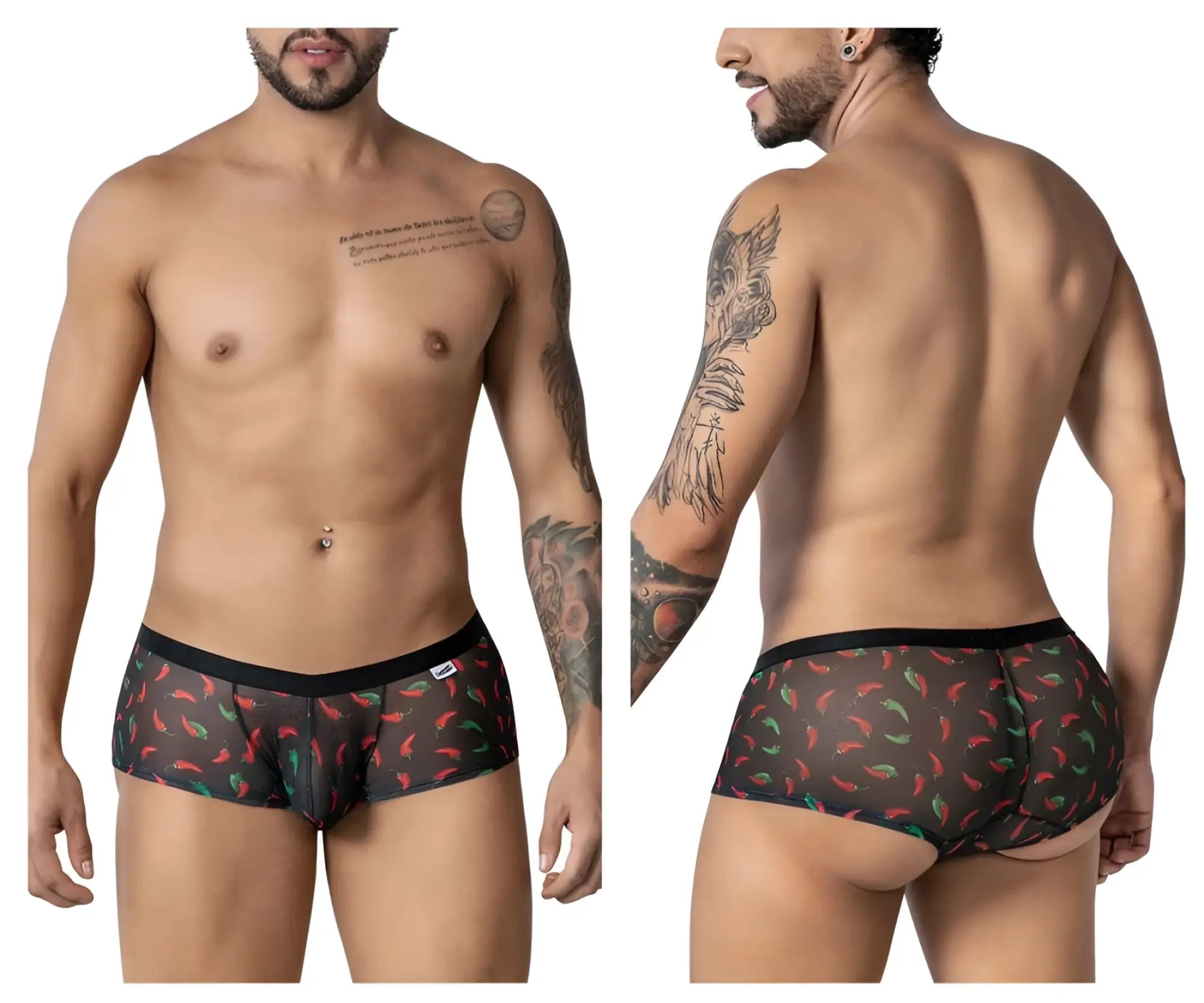 Black mesh CandyMan 99873 chili pepper trunks with vibrant red and green chili pepper print briefs