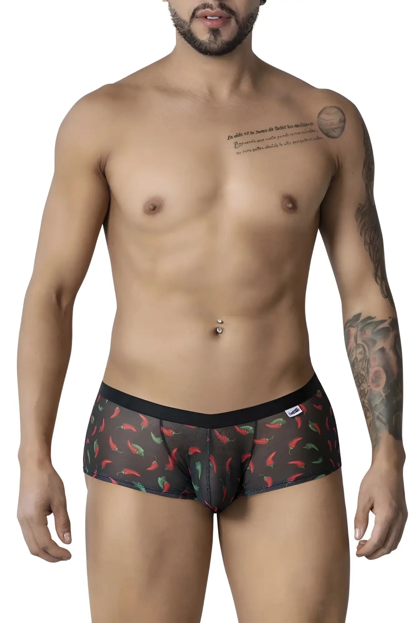 Black CandyMan 99873 chili pepper trunks featuring red and green chili pepper print on sheer mesh fabric