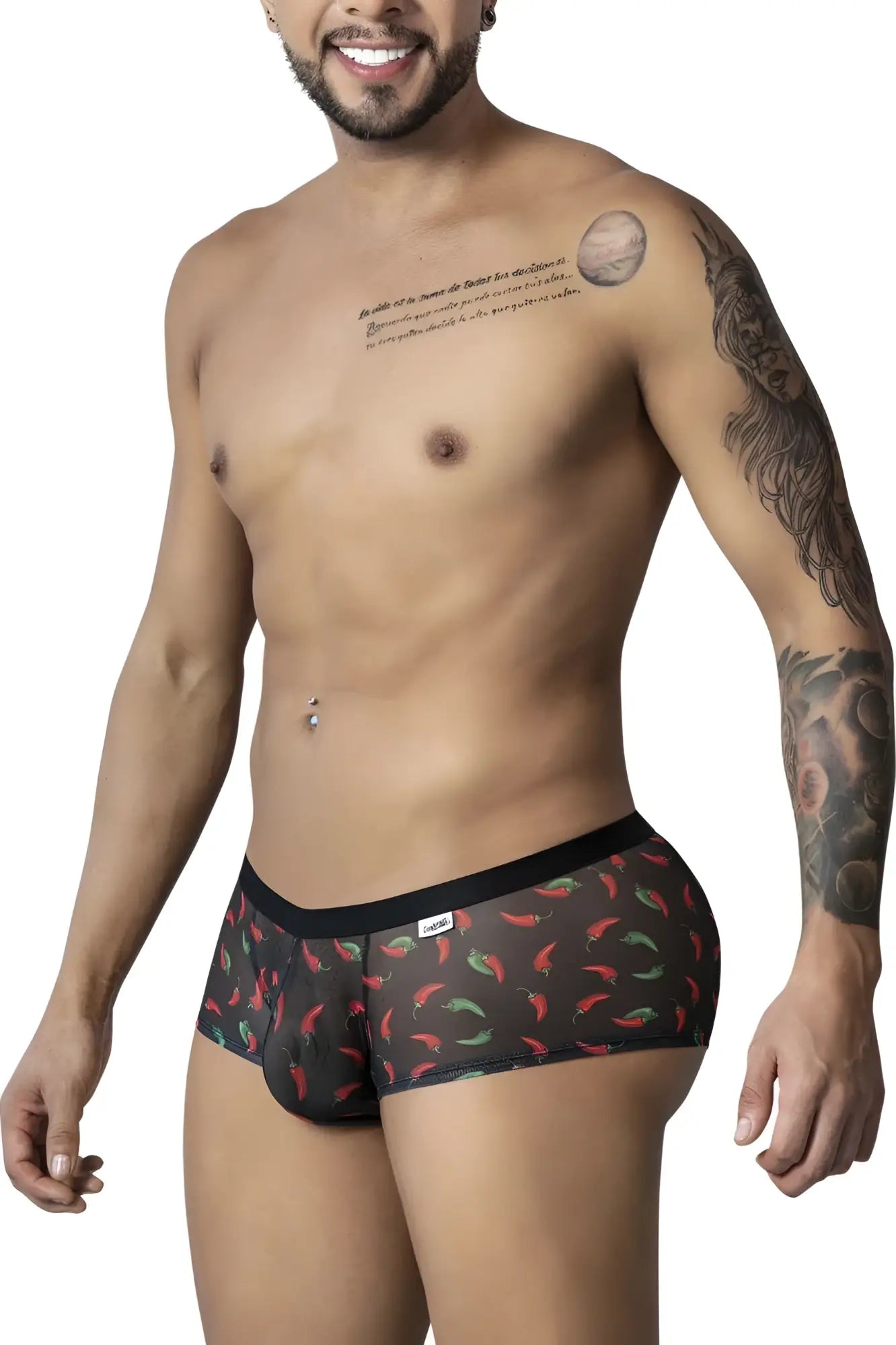 Black candyman 99873 chili pepper trunks briefs with red and green chili pepper print on sheer fabric