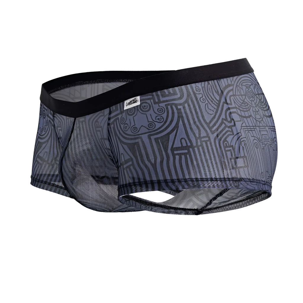 Black and gray CandyMan 99873 Egyptian trunks mesh briefs with intricate abstract pattern