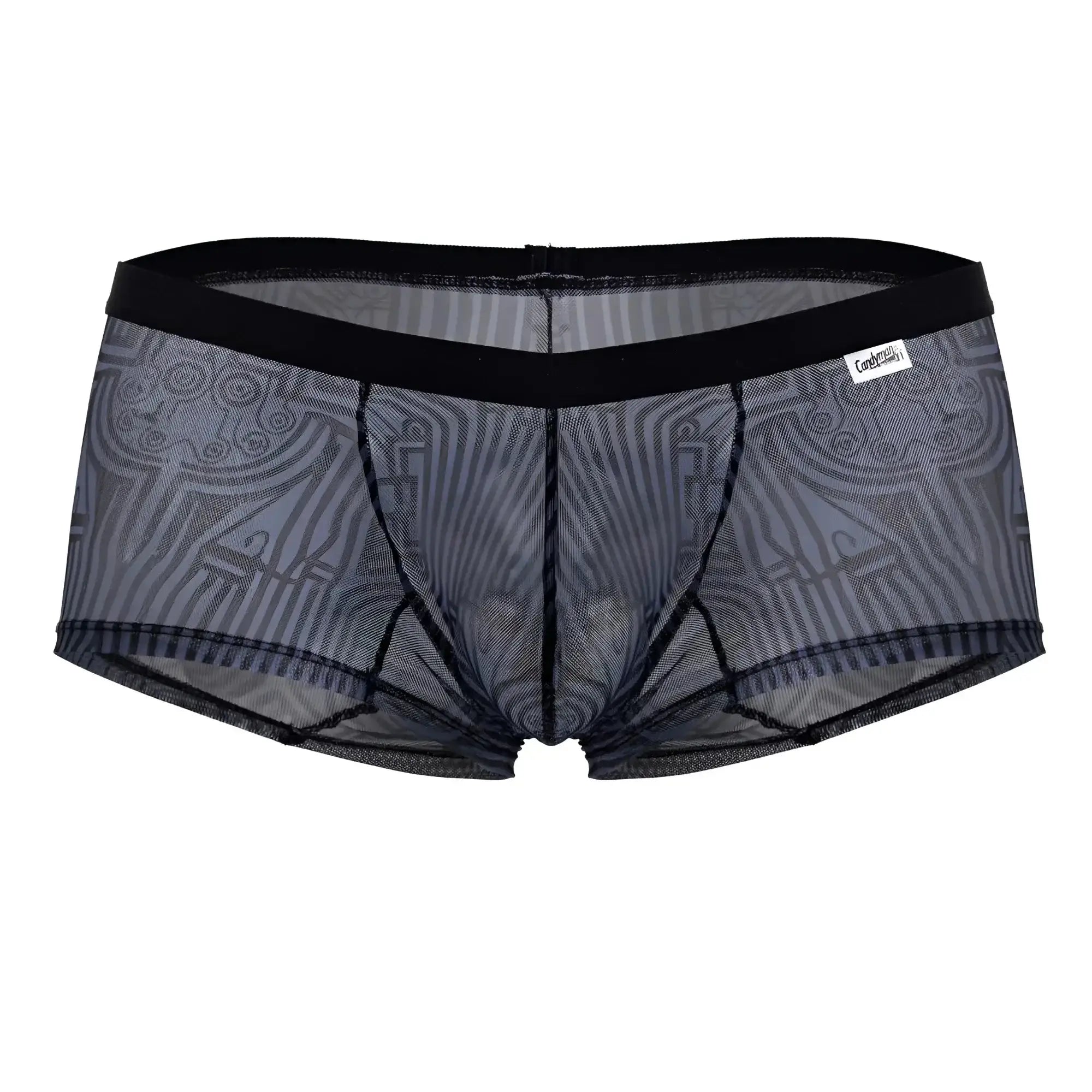 Candyman 99873 egyptian trunks gray-black black mesh briefs with subtle gray geometric pattern and reinforced waistband