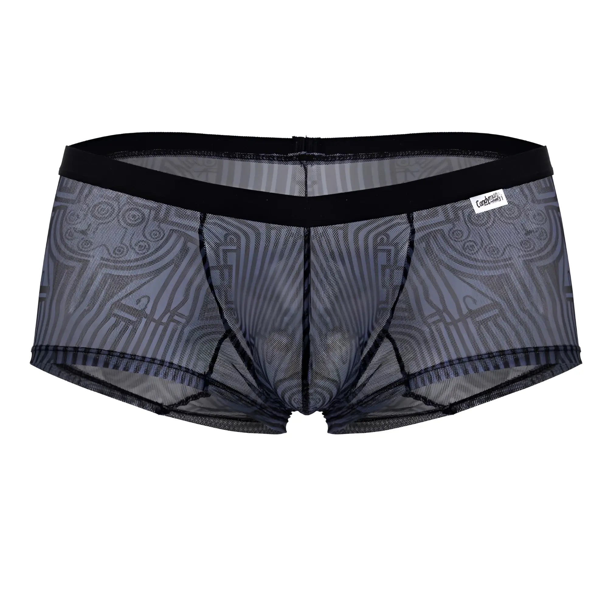 Candyman 99873 egyptian trunks gray-black black mesh briefs with subtle gray geometric pattern and reinforced waistband