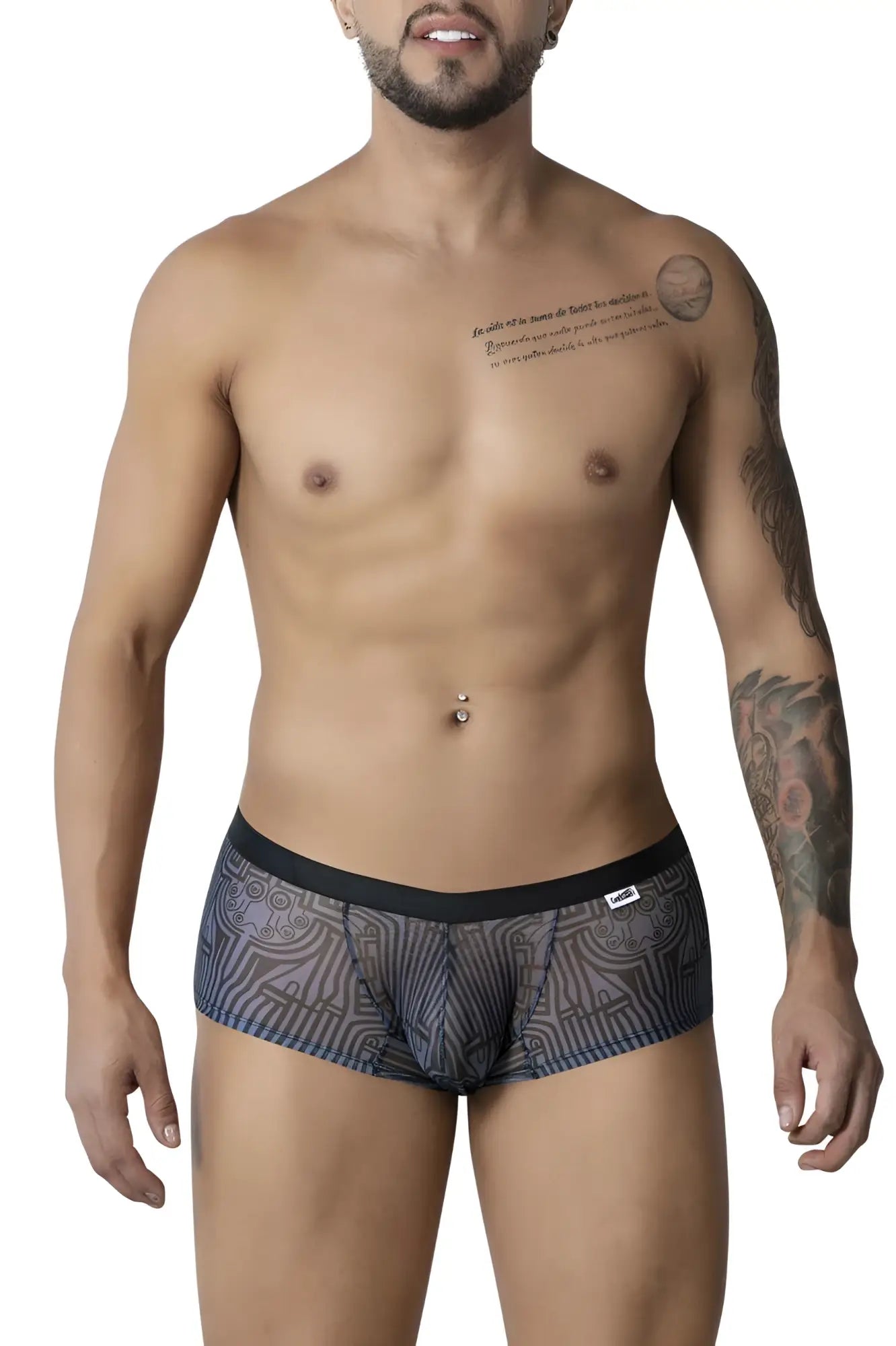 CandyMan 99873 Egyptian trunks gray black men’s briefs with black gray pattern and sheer mesh fabric