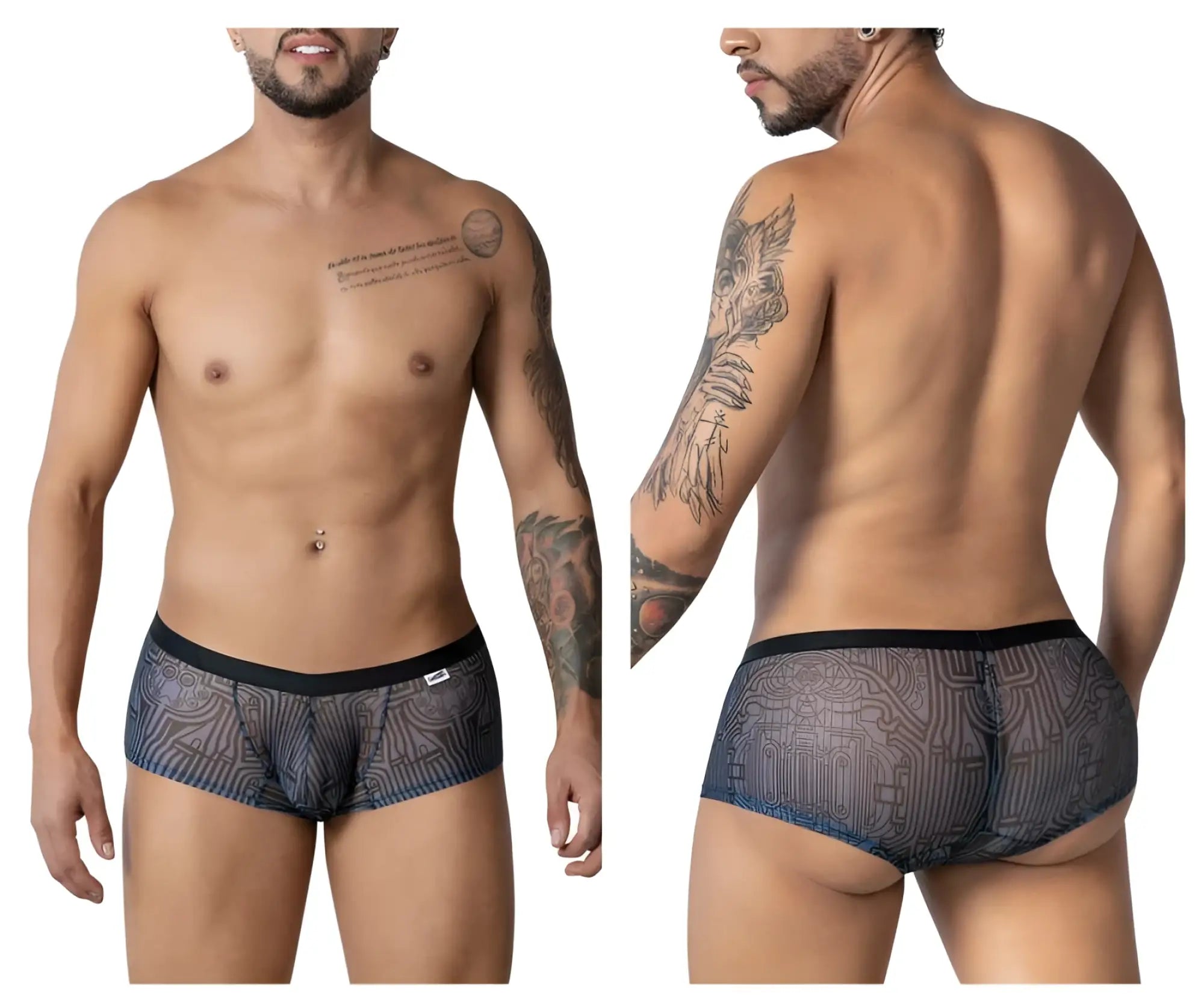 CandyMan 99873 Egyptian trunks gray-black patterned mesh briefs with sleek circuit-board-inspired design