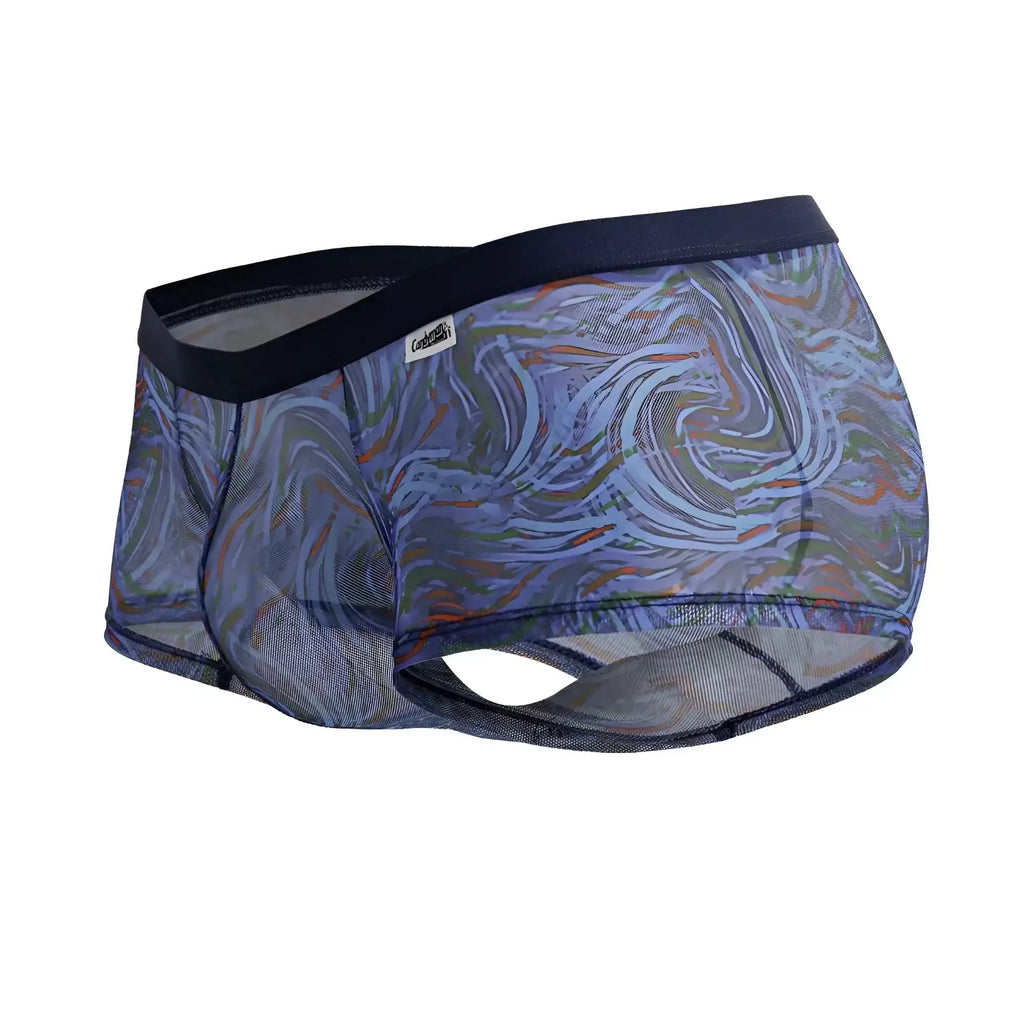 Candyman 99873 seawater trunks men’s briefs with blue gray swirling abstract pattern and black elastic waistband