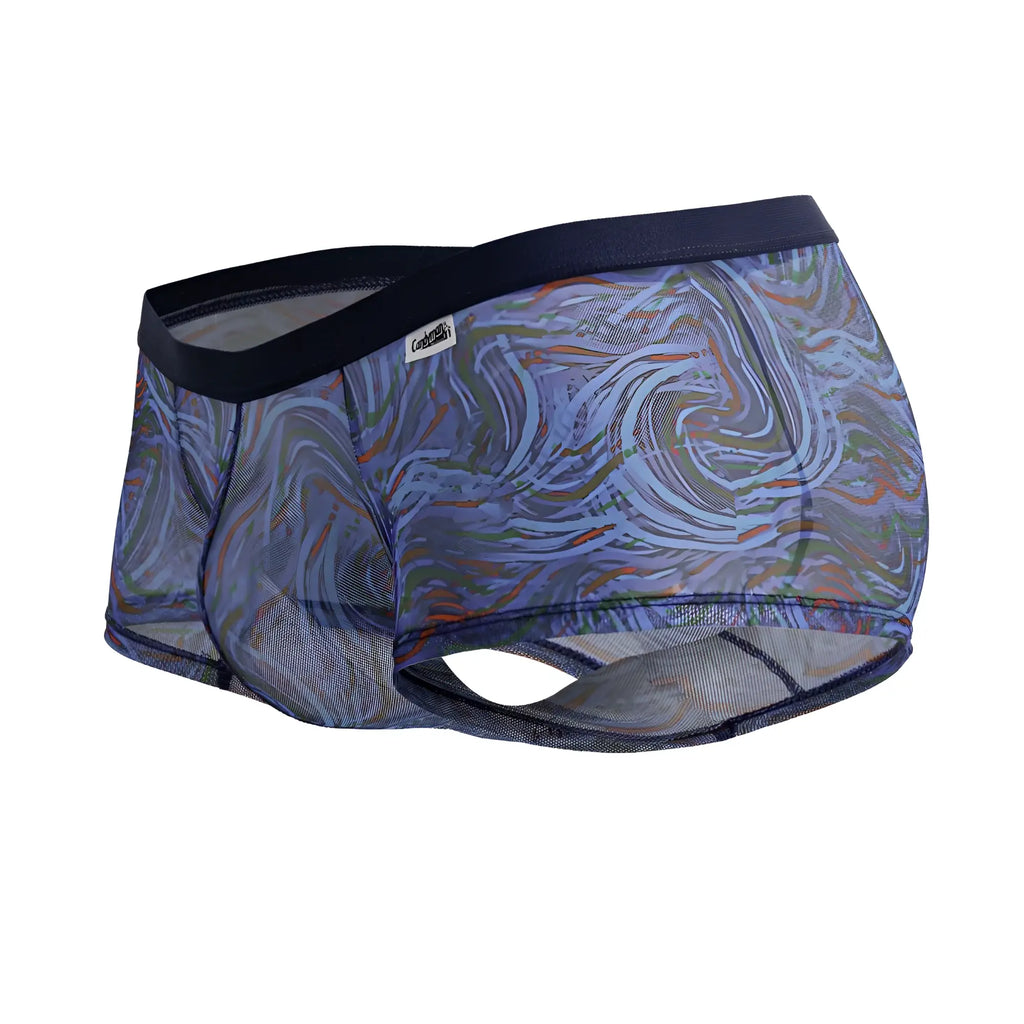 Candyman 99873 seawater trunks men’s briefs with blue gray swirling abstract pattern and black elastic waistband