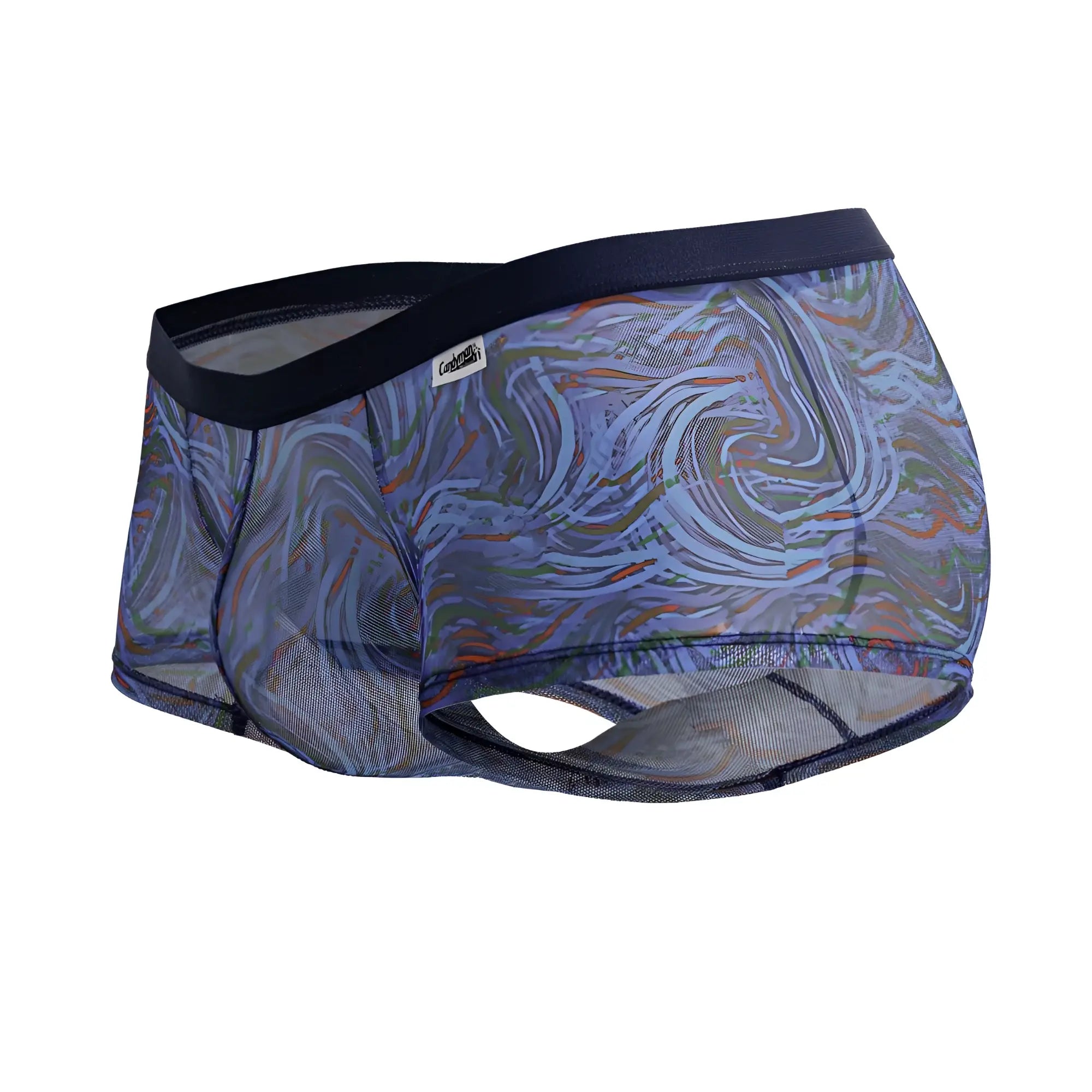 Candyman 99873 seawater trunks men’s briefs with blue gray swirling abstract pattern and black elastic waistband