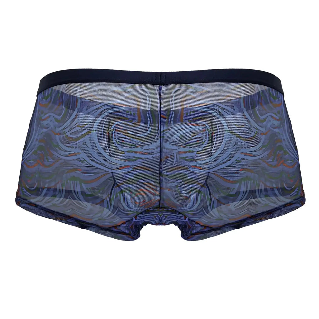 CandyMan 99873 seawater trunks multicolor print blue and gray patterned mesh briefs with dark navy waistband