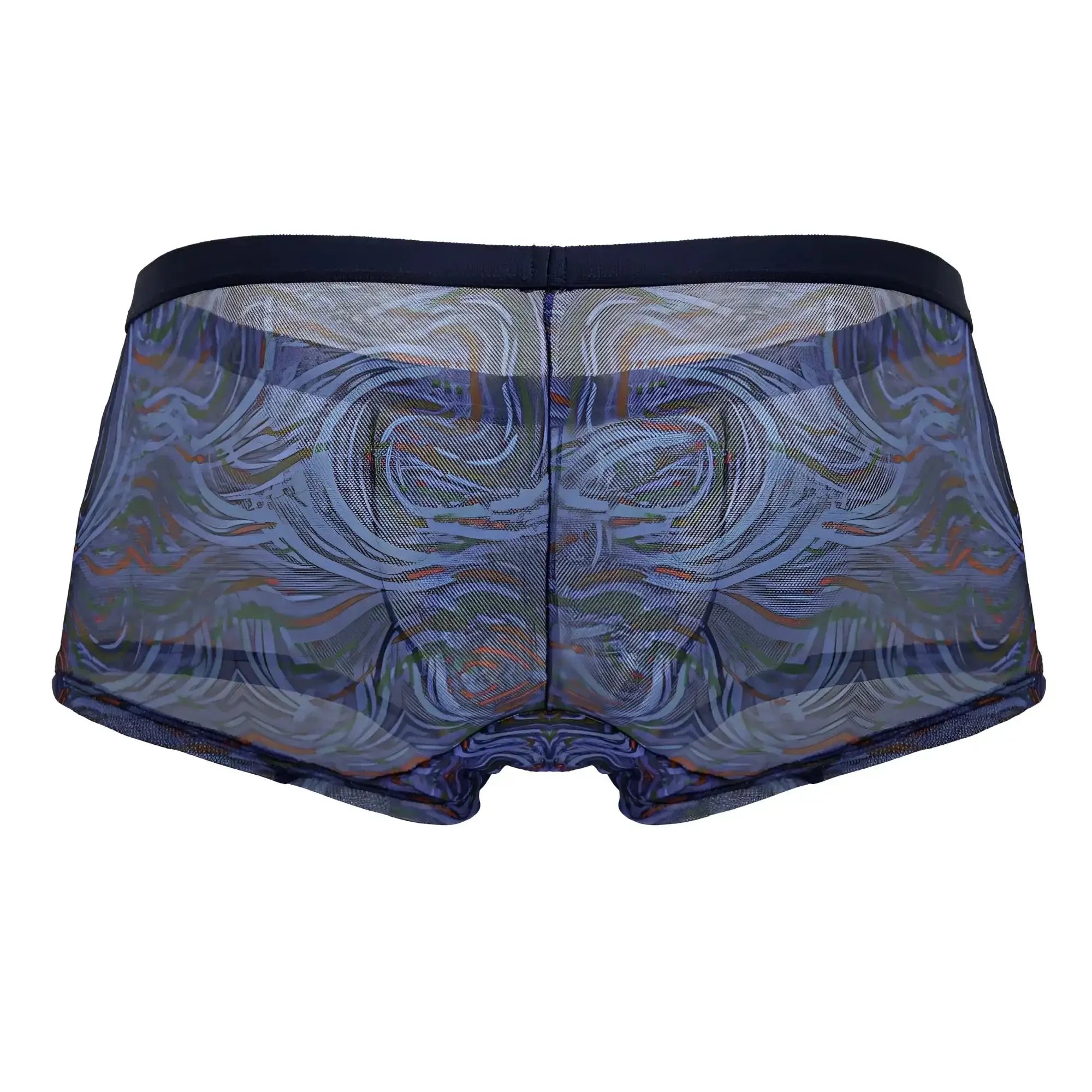 CandyMan 99873 seawater trunks multicolor print blue and gray patterned mesh briefs with dark navy waistband