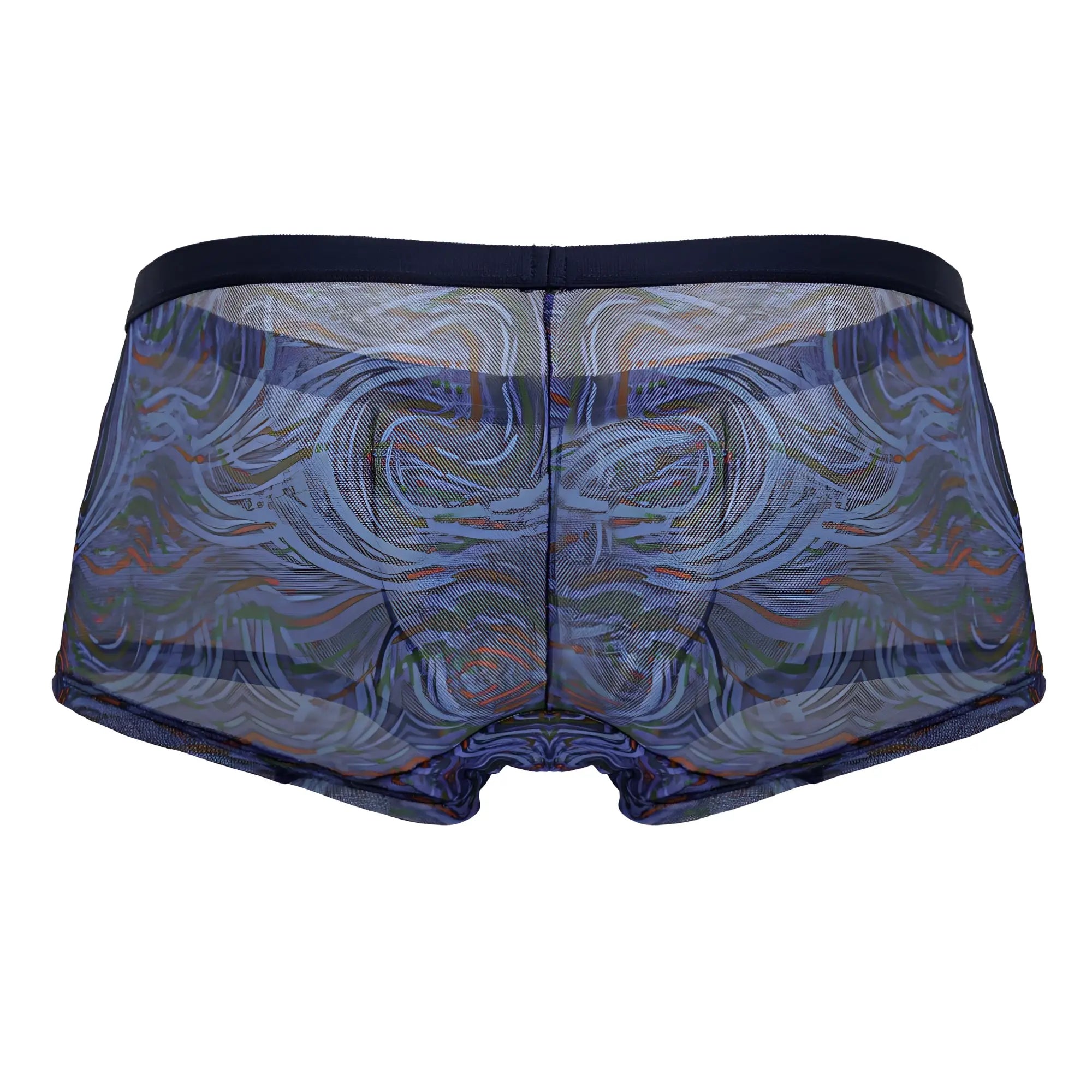 CandyMan 99873 seawater trunks multicolor print blue and gray patterned mesh briefs with dark navy waistband