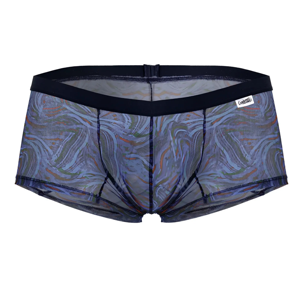 Candyman 99873 seawater trunks multicolor print blue and green marbled mesh briefs with black elastic waistband