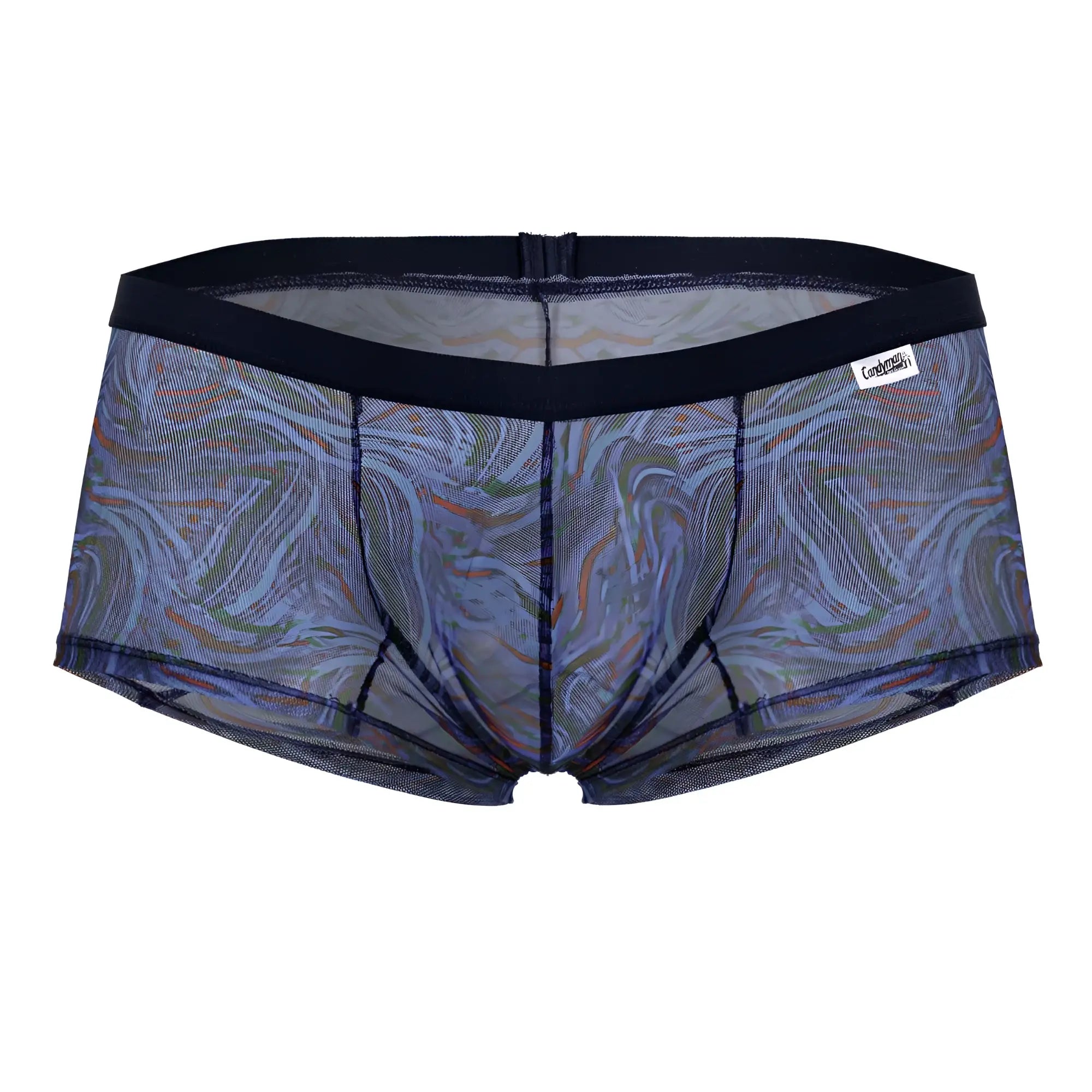 Candyman 99873 seawater trunks multicolor print blue and green marbled mesh briefs with black elastic waistband