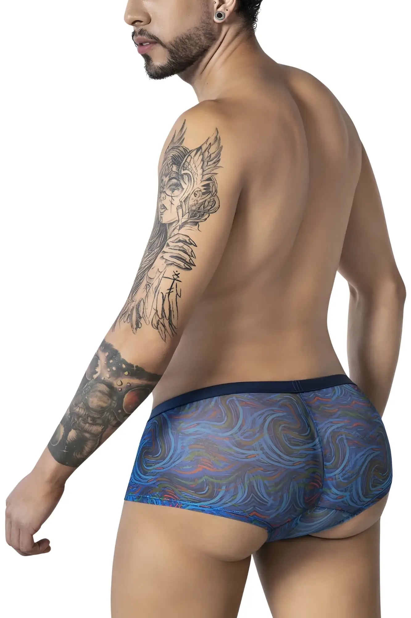 Candyman 99873 seawater trunks multicolor print men’s briefs with blue and purple swirling pattern and dark blue waistband