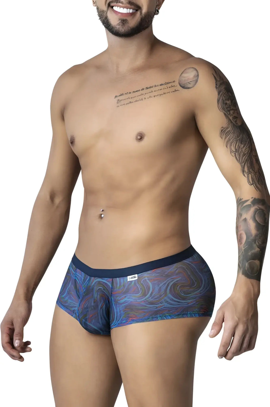 CandyMan 99873 seawater trunks men’s briefs with blue and purple swirl pattern and dark blue waistband