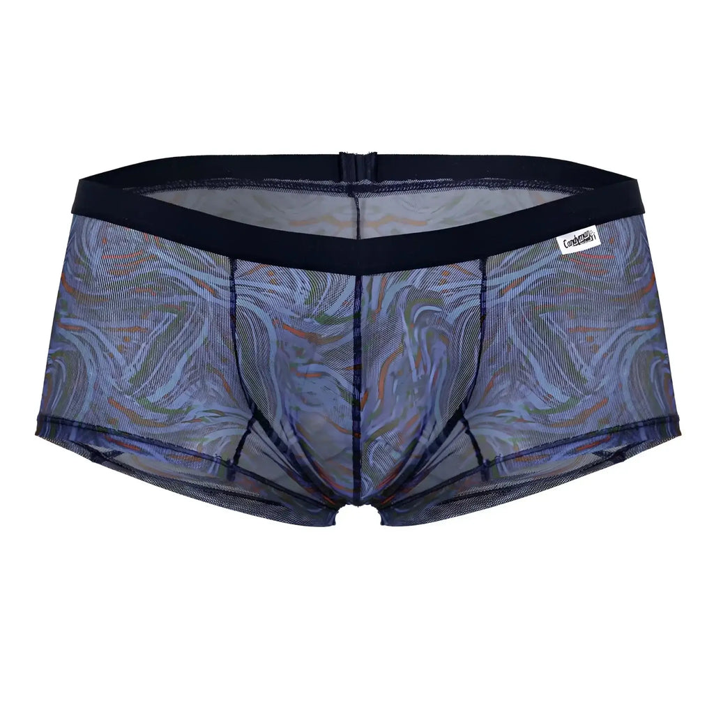 Candyman 99873 seawater trunks multicolor print blue and green marbled mesh briefs with black elastic waistband