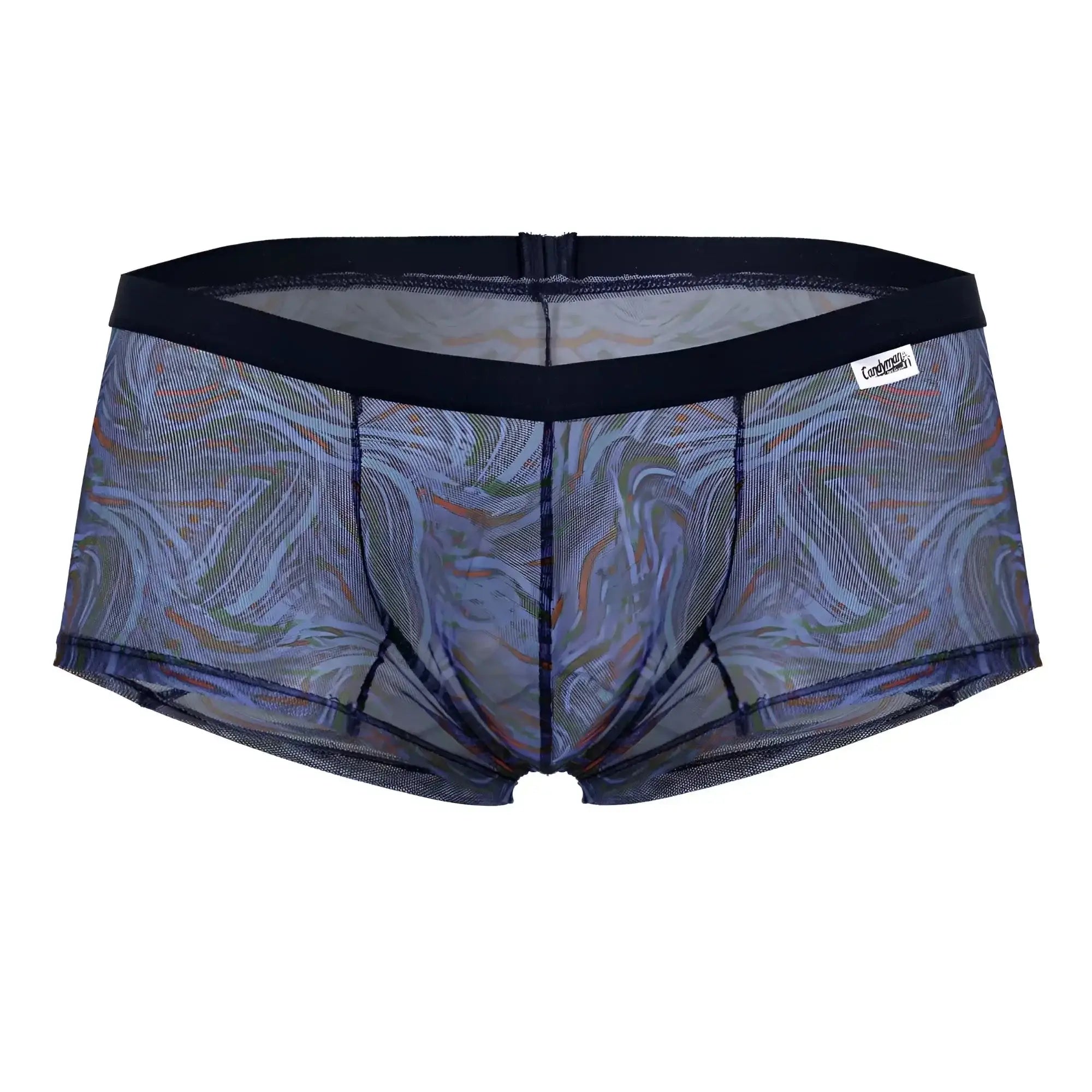 Candyman 99873 seawater trunks multicolor print blue and green marbled mesh briefs with black elastic waistband