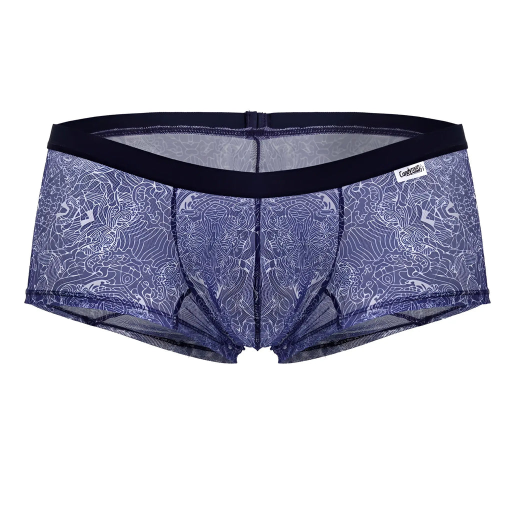 Blue lace-patterned CandyMan 99873 men’s briefs with black elastic waistband in blue-white water prints color
