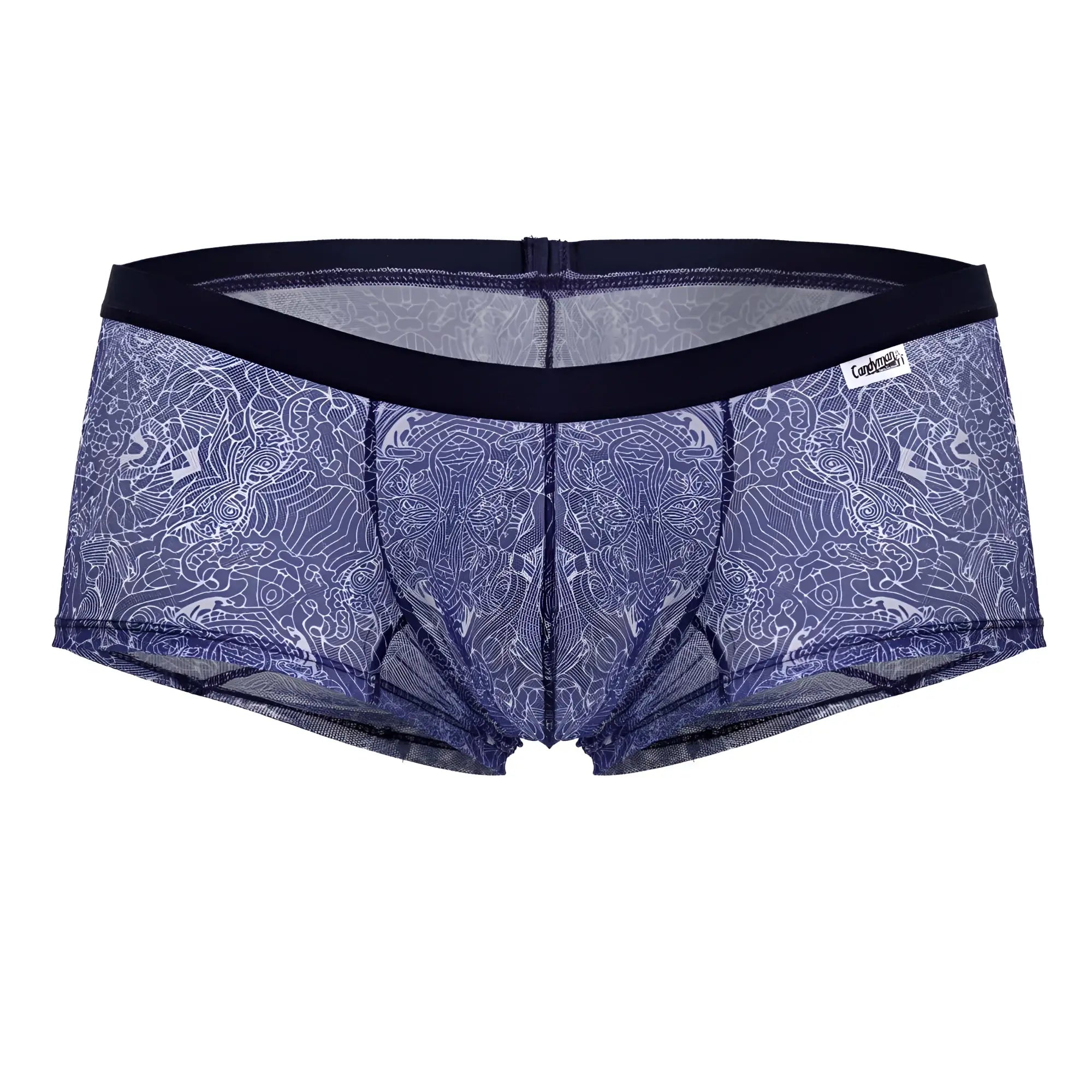 Blue lace-patterned CandyMan 99873 men’s briefs with black elastic waistband in blue-white water prints color