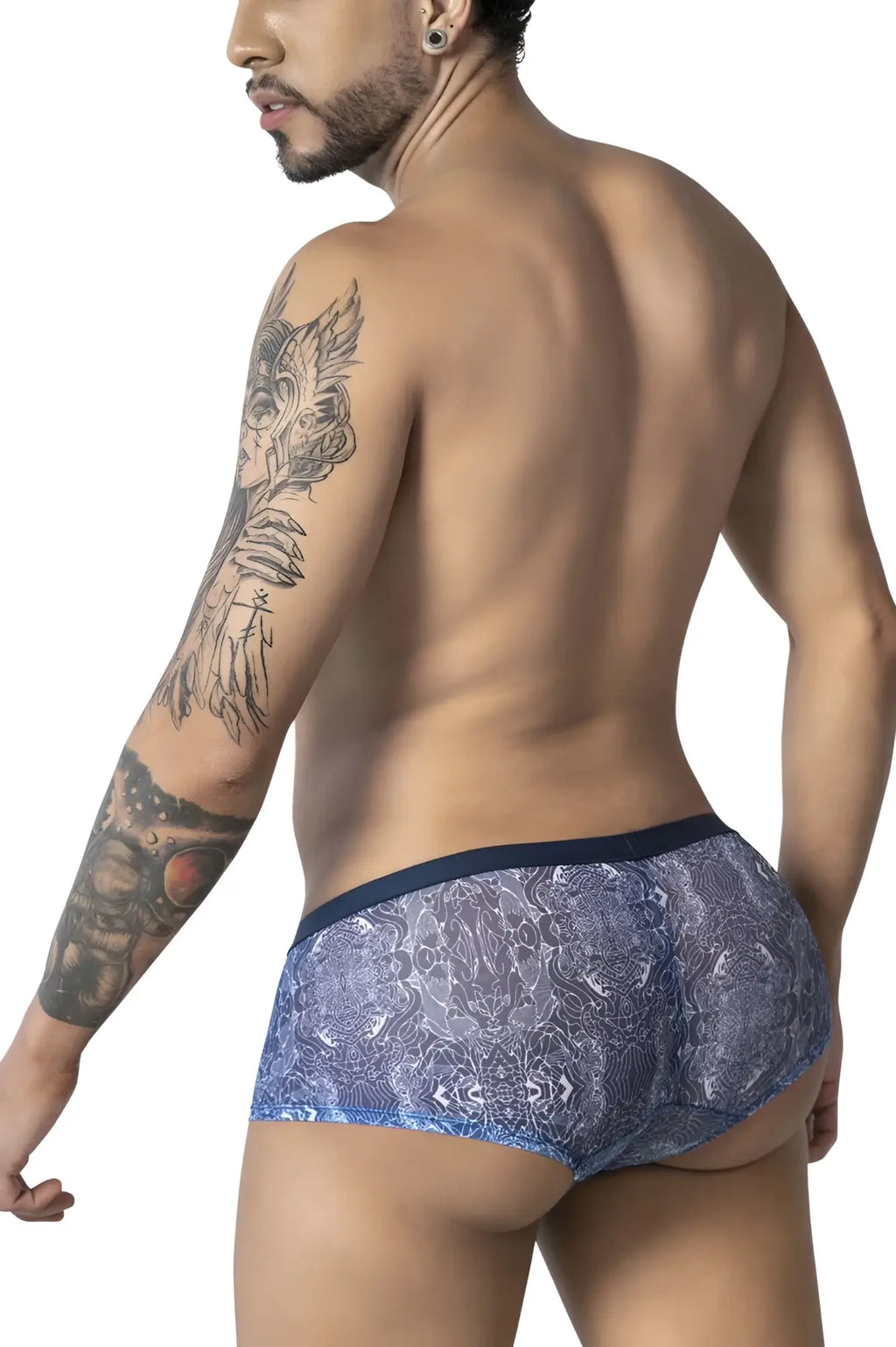 Blue lace-patterned men’s briefs with dark blue waistband from candyman 99873 water prints trunks blue-white
