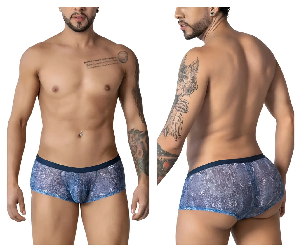 Blue candy man 99873 men’s briefs with lace pattern and solid navy waistband in blue and white color