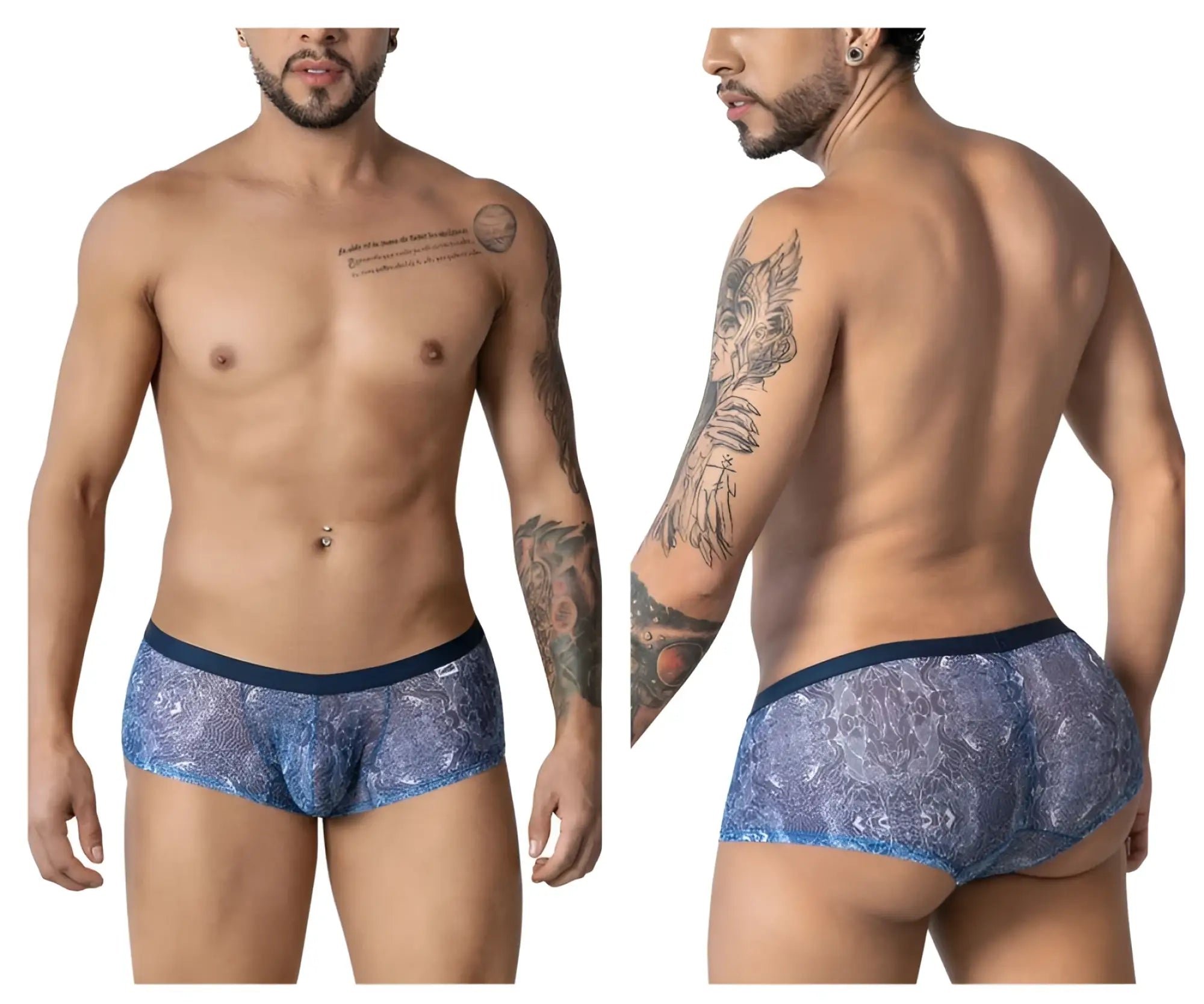 Blue candy man 99873 men’s briefs with lace pattern and solid navy waistband in blue and white color