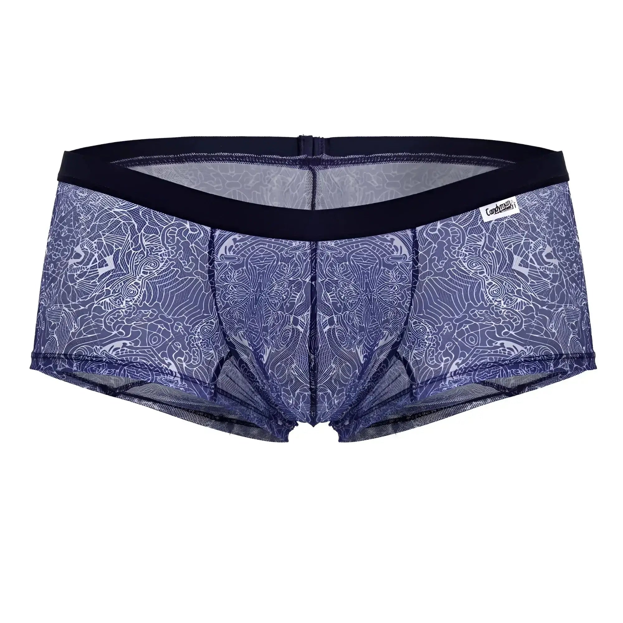 Blue lace-patterned CandyMan 99873 men’s briefs with black elastic waistband in blue-white water prints color