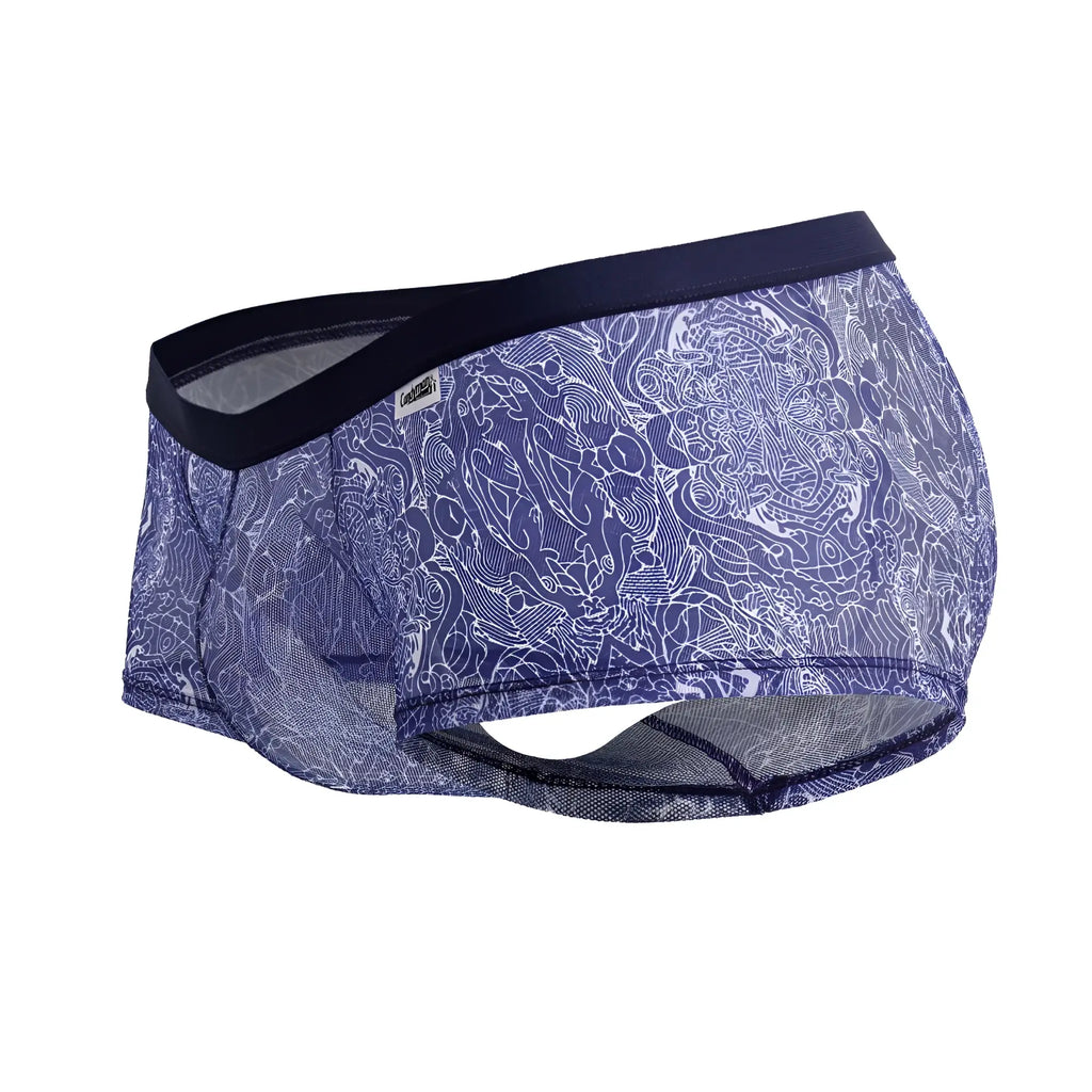 CandyMan 99873 blue white men’s briefs with intricate pattern and black elastic waistband for comfortable wear