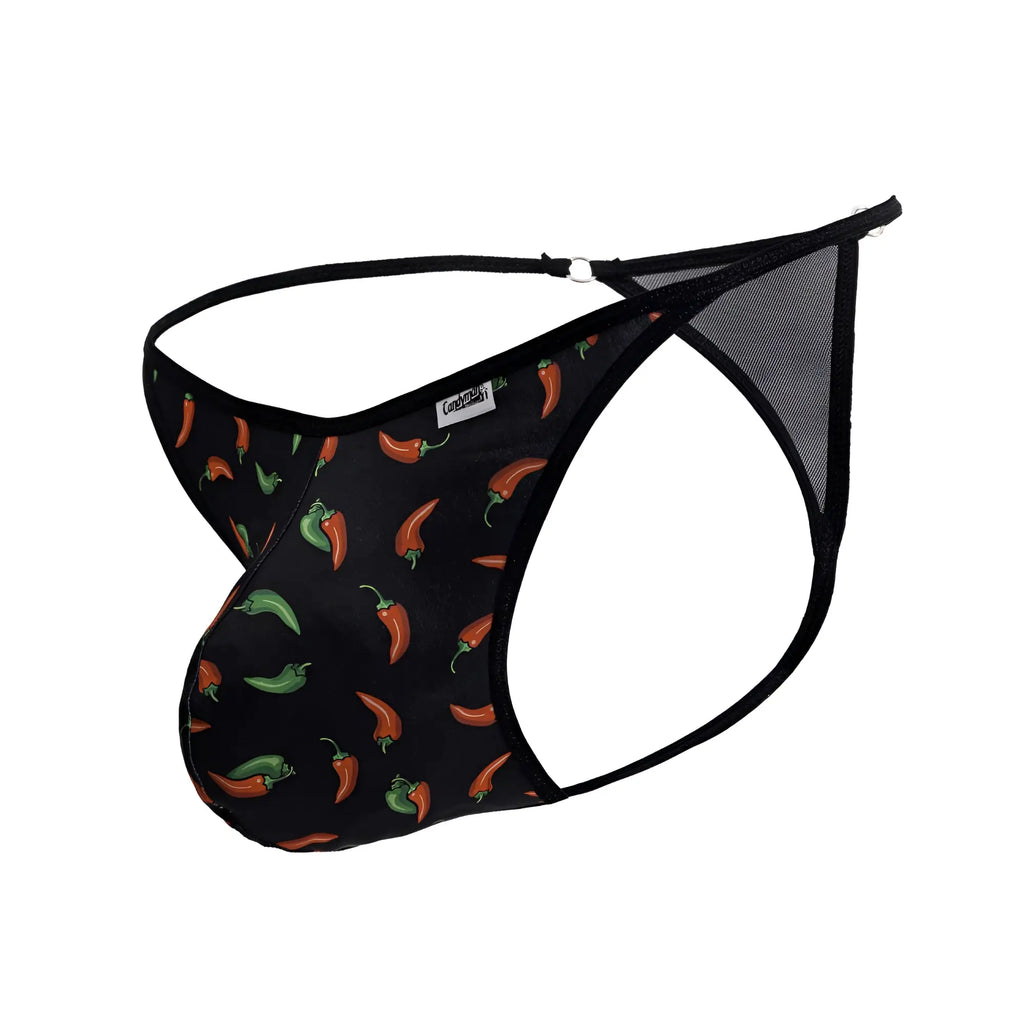 Black mens thong with red and green chili pepper print and mesh side panels candyMan 99875 chili pepper thongs