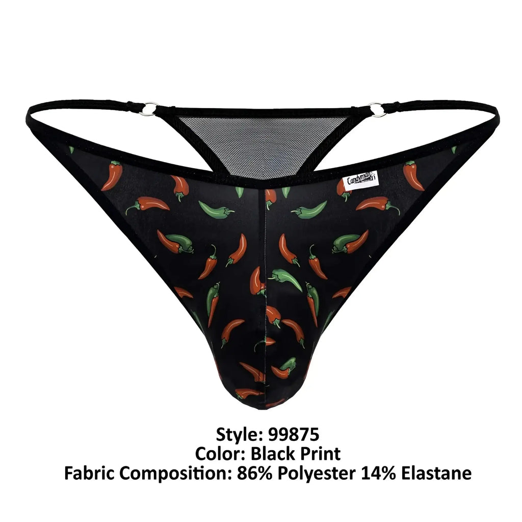 Black candyMan 99875 chili pepper thong with red and green chili print black elastic straps and mesh back detailing